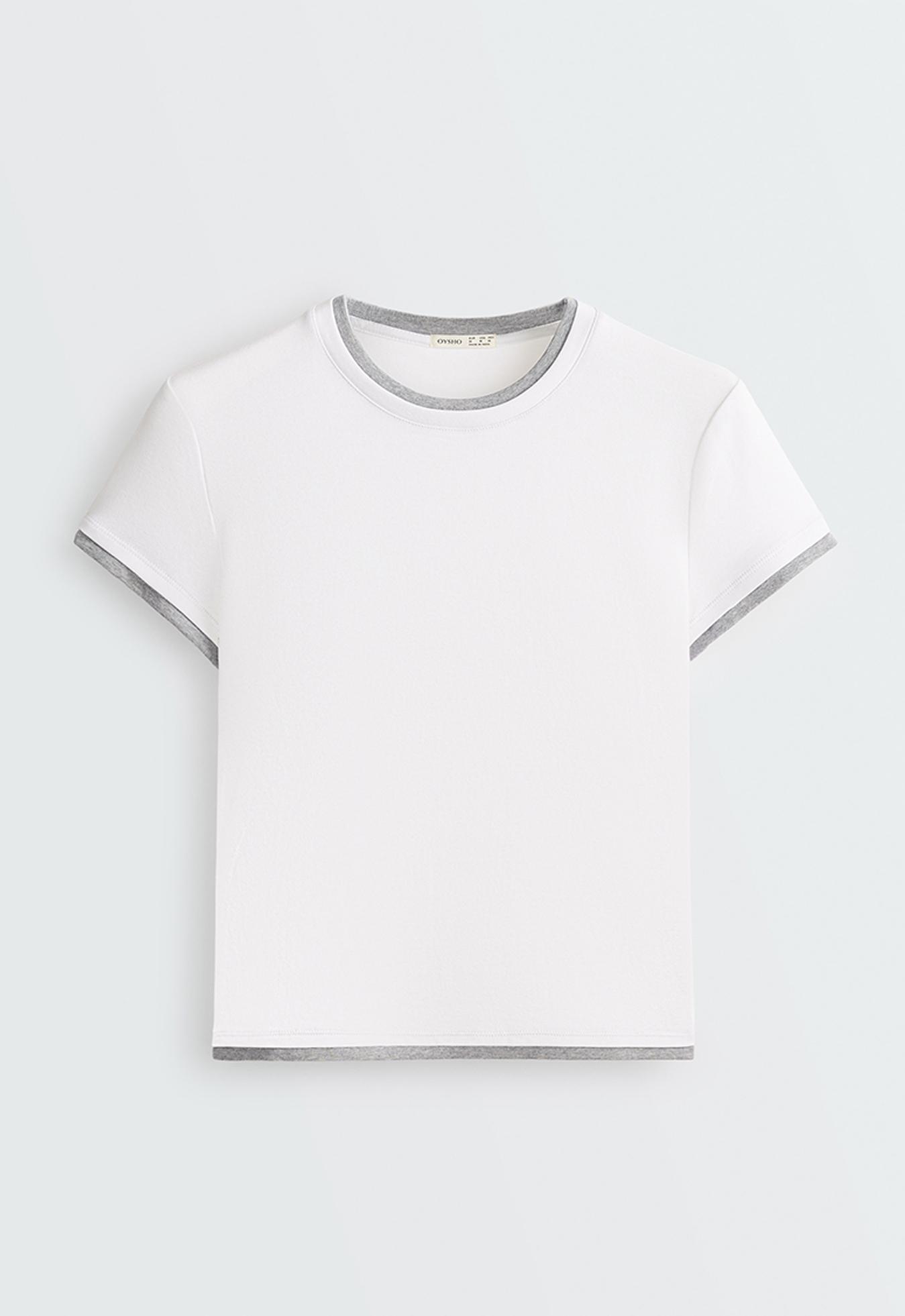 Cotton blend double rib effect short sleeve T-shirt — WHITE 