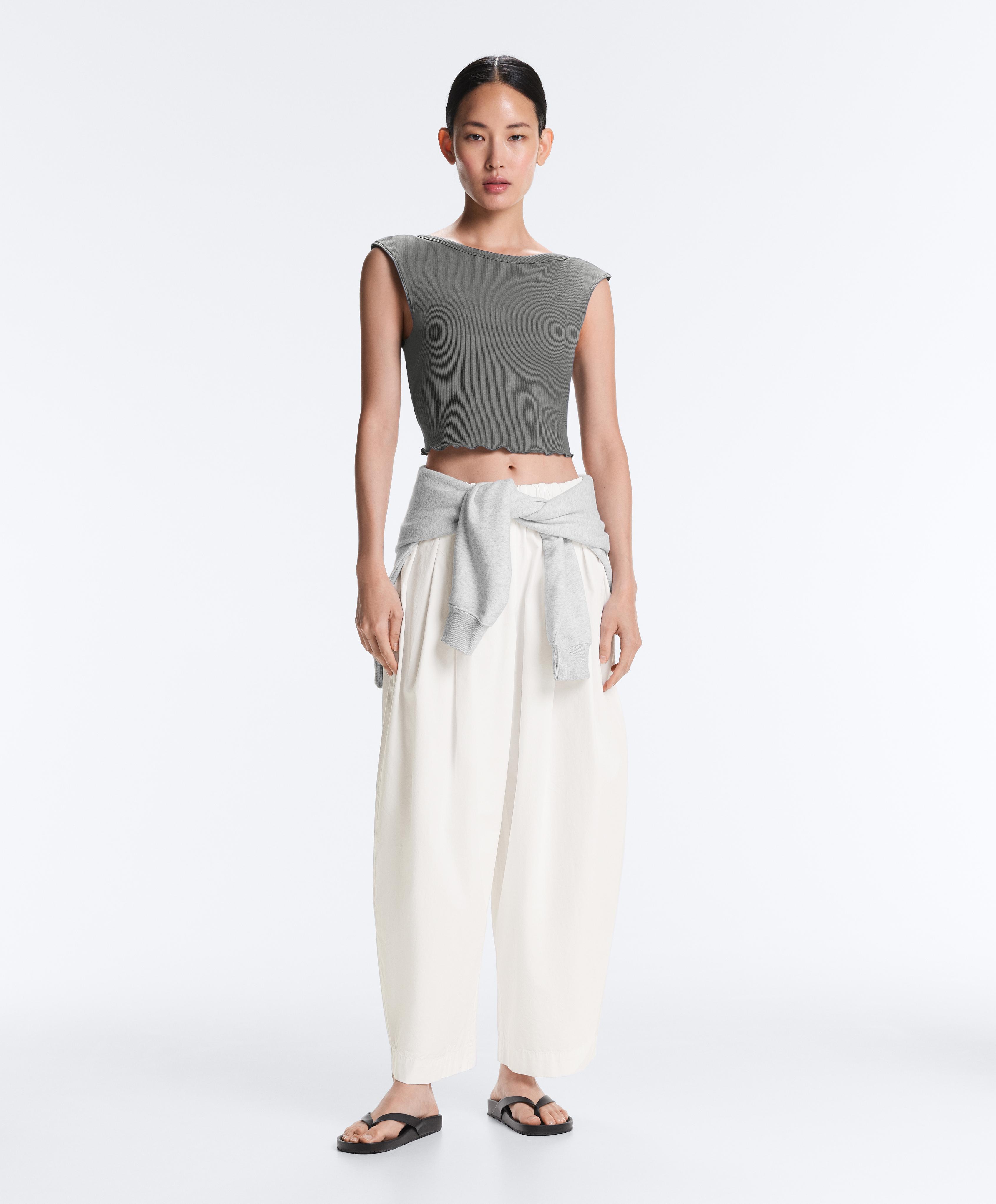 Rib modal blend short sleeve tank top with curling detail — MID GREY