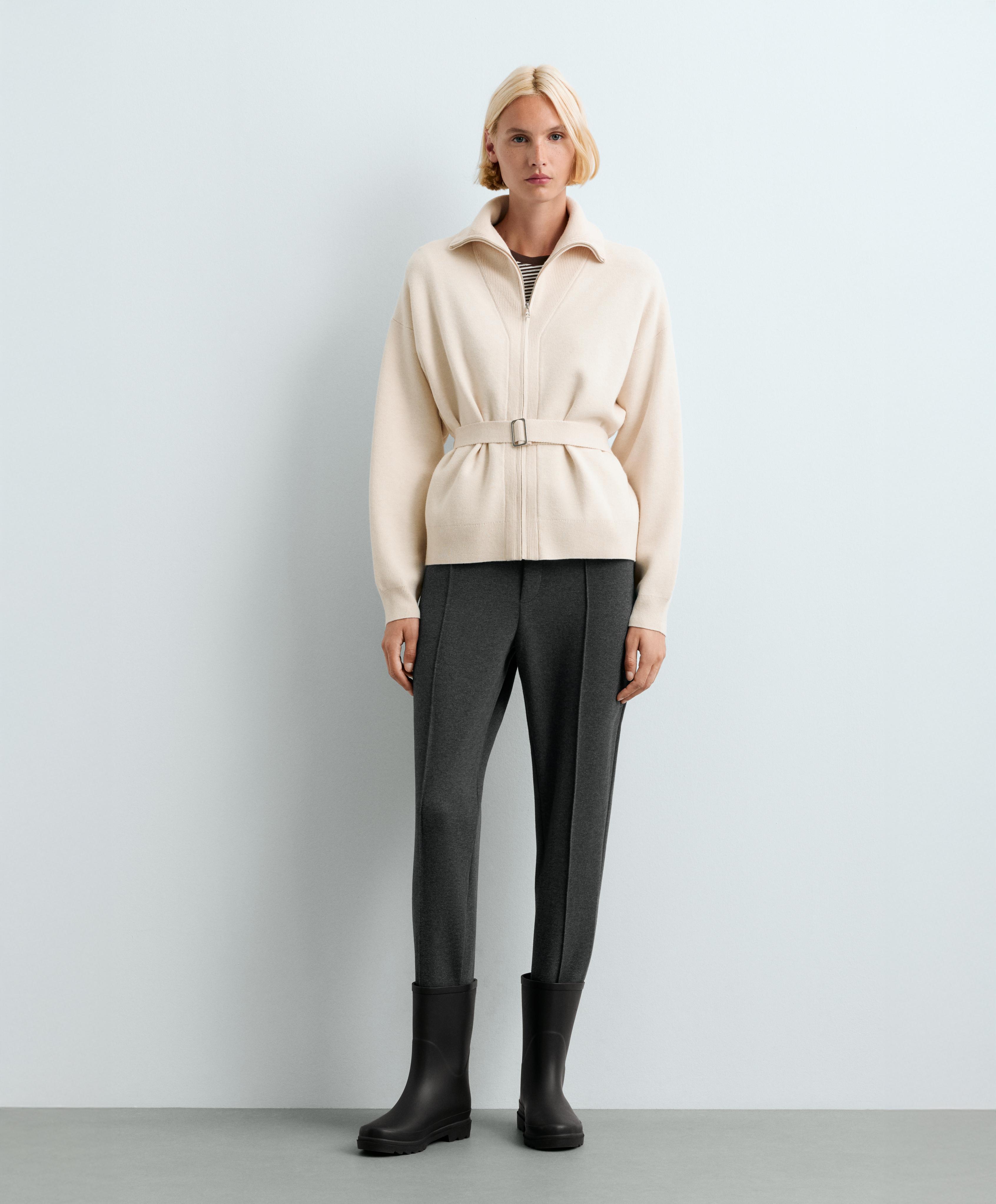 High-neck belted jacket — ECRU