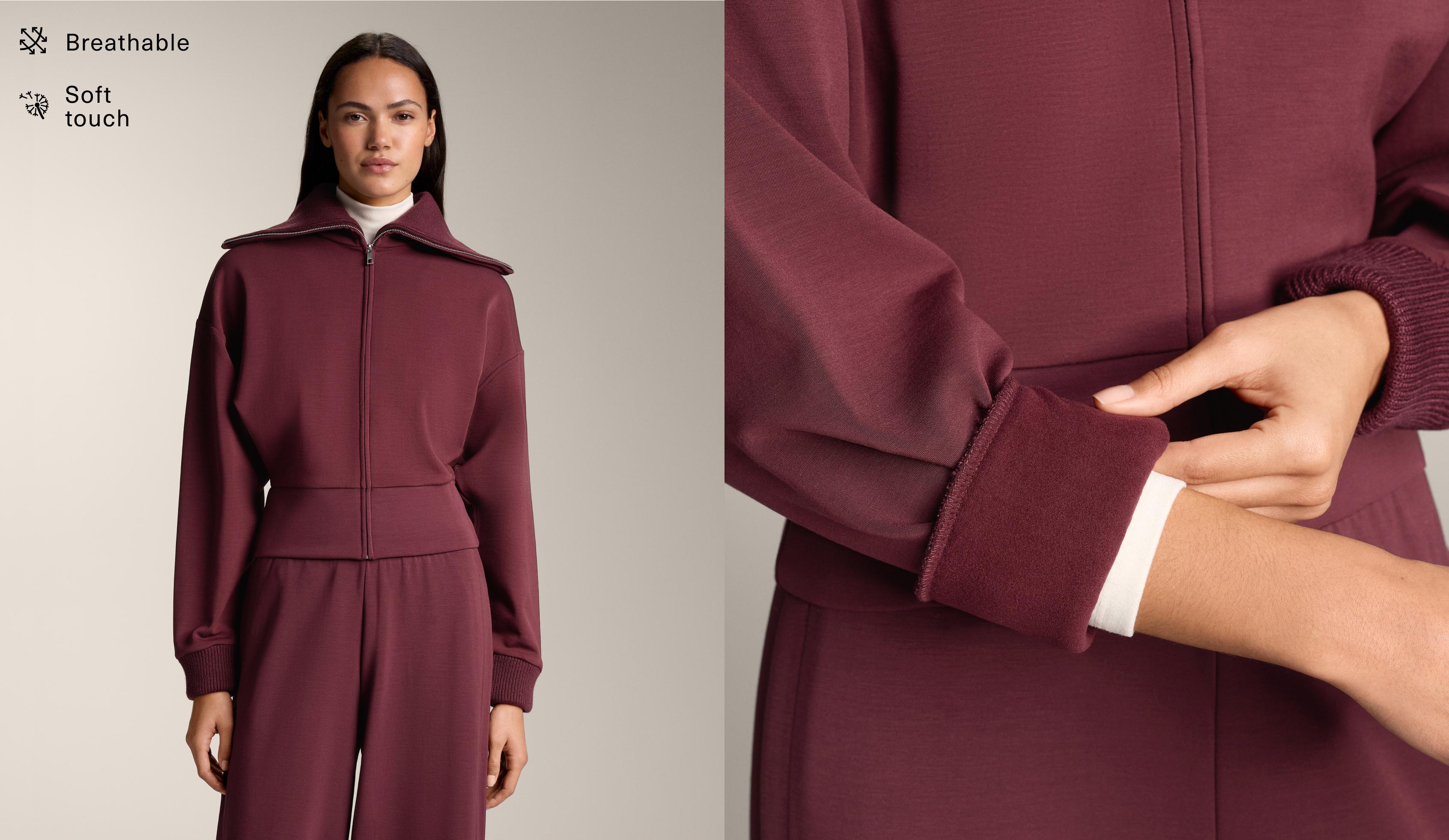 Fitted waist knit collar jacket with brushed modal — MAROON