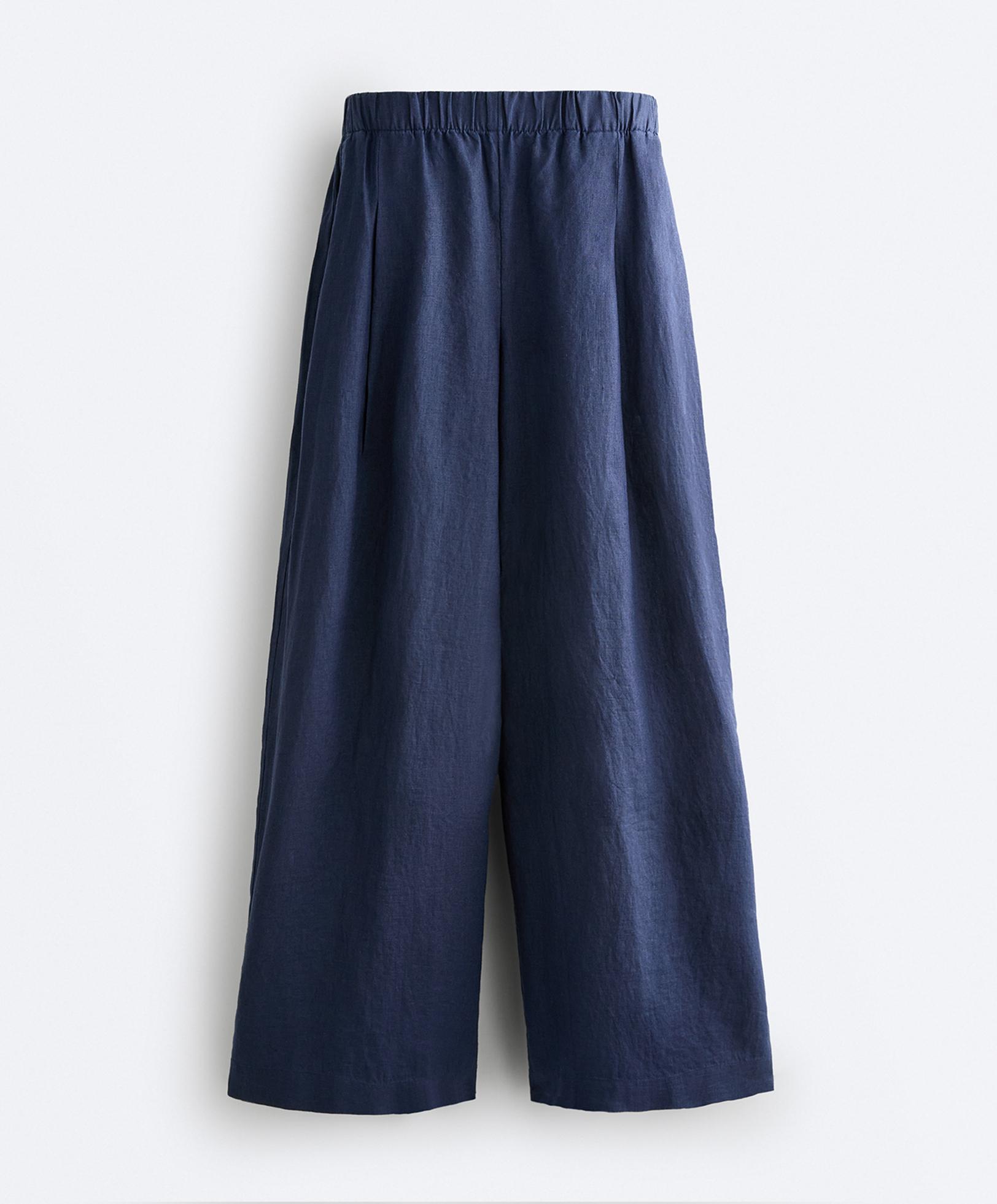 100% linen wide-leg trousers — NAVY