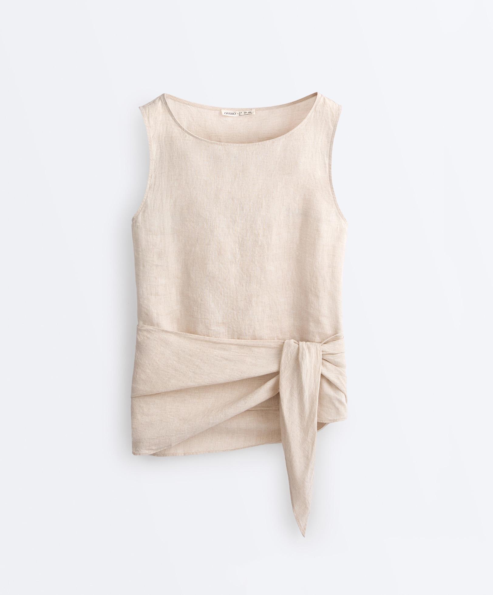 Sleeveless top with 100% linen scarf — SAND MELANGE
