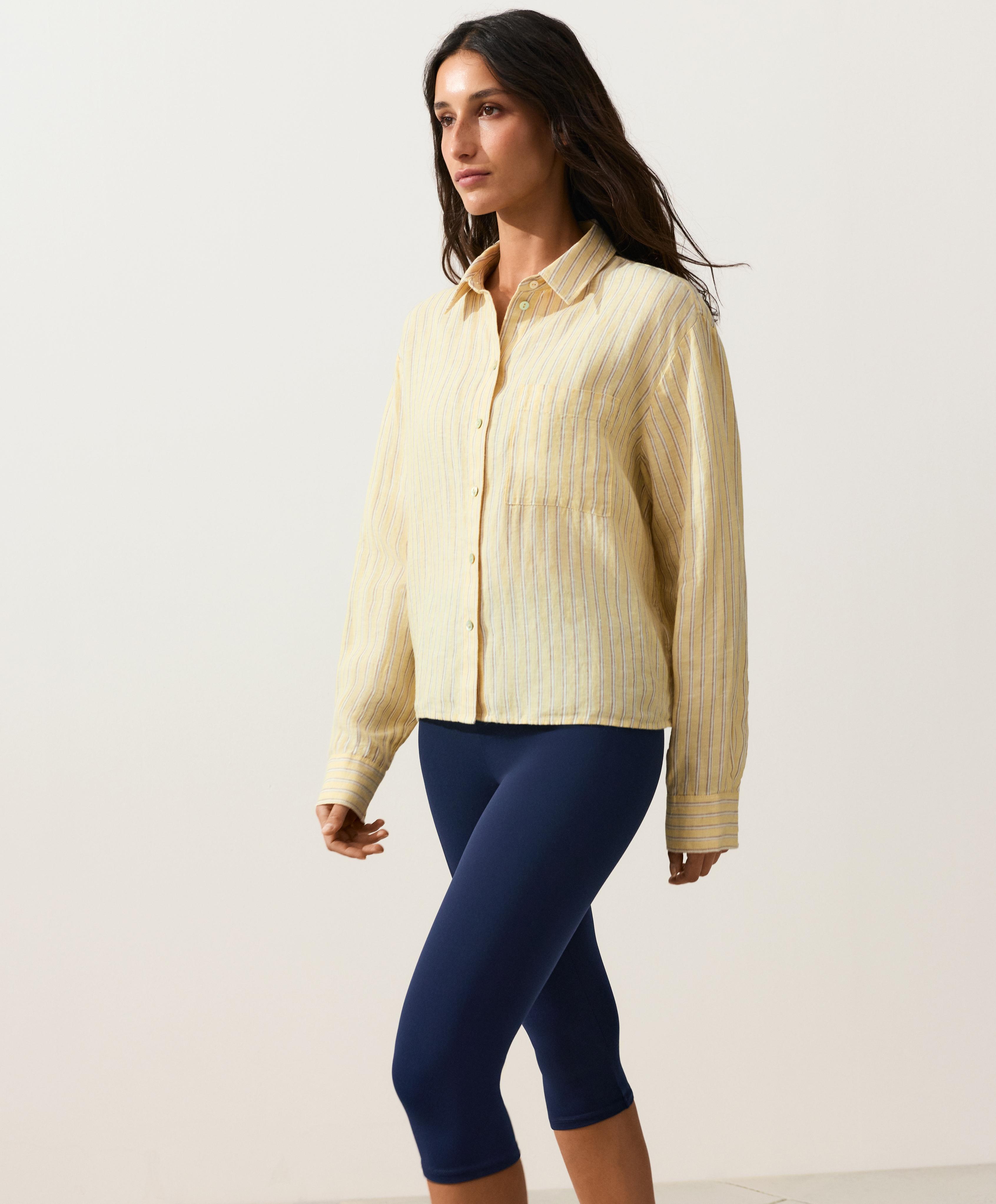 Striped 100% linen cropped shirt — SOFT YELLOW