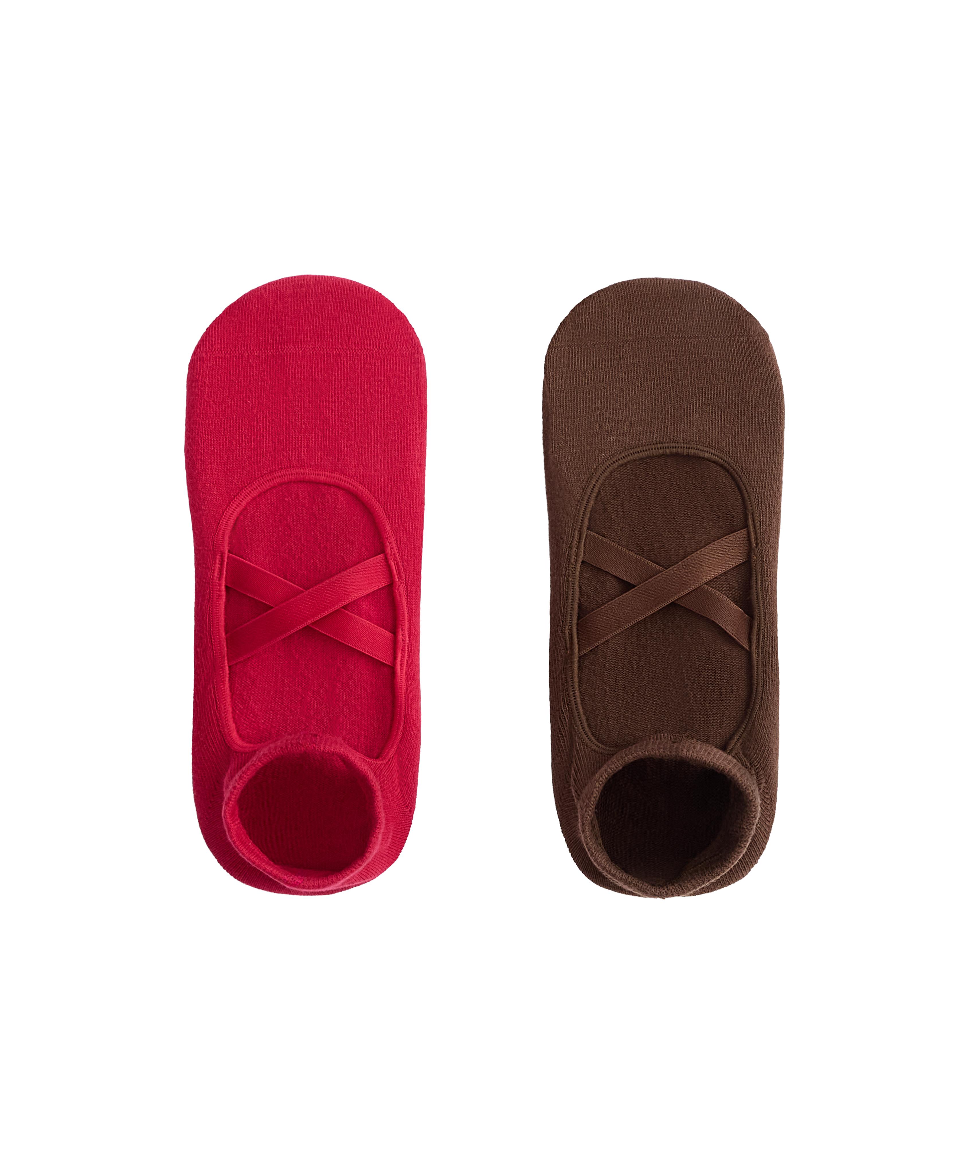 2 pairs of cotton blend yoga and Pilates sneaker socks with crossover straps — RED