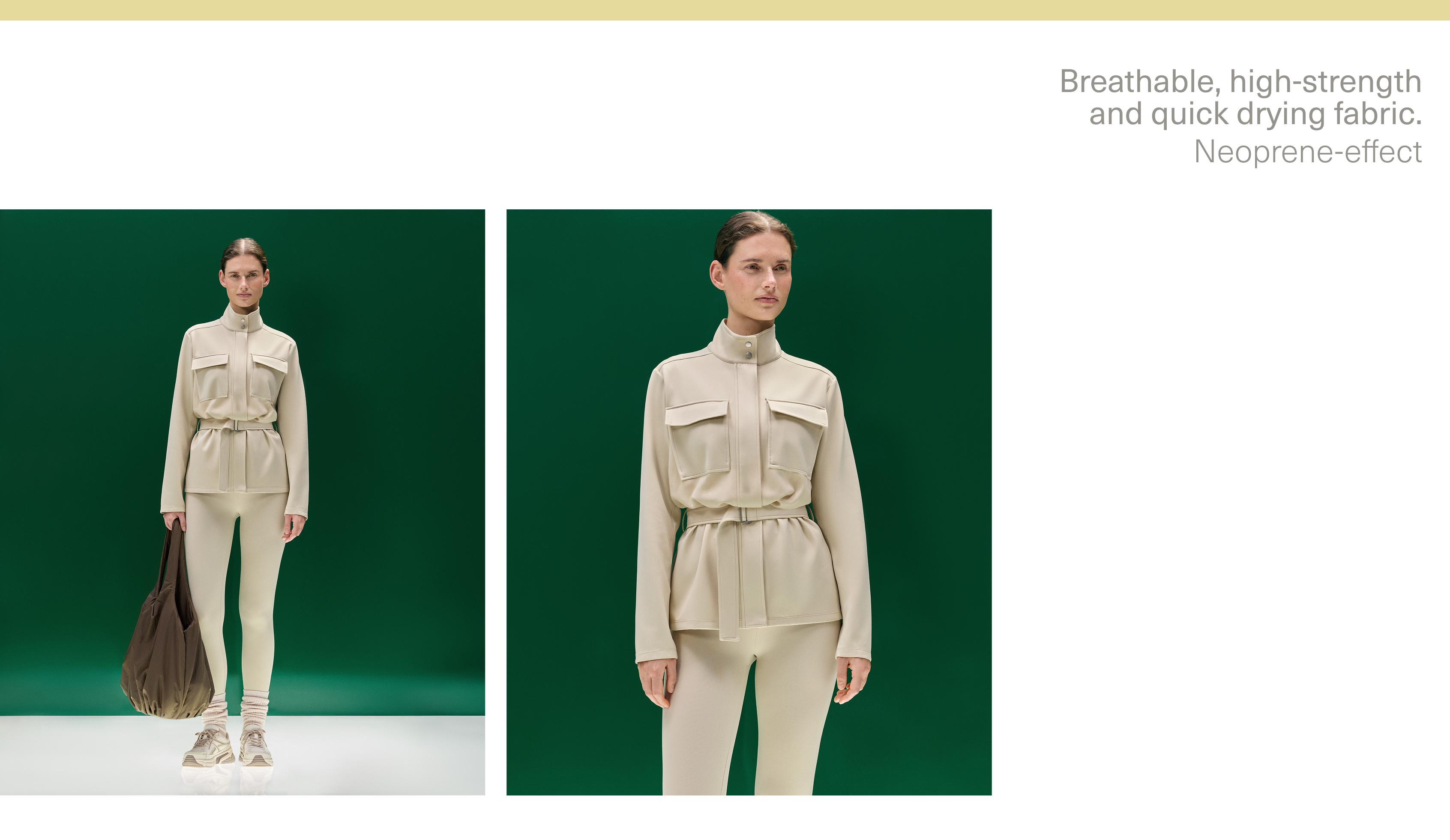 Neoprene-effect jacket with belt — PALE BEIGE MELANGE