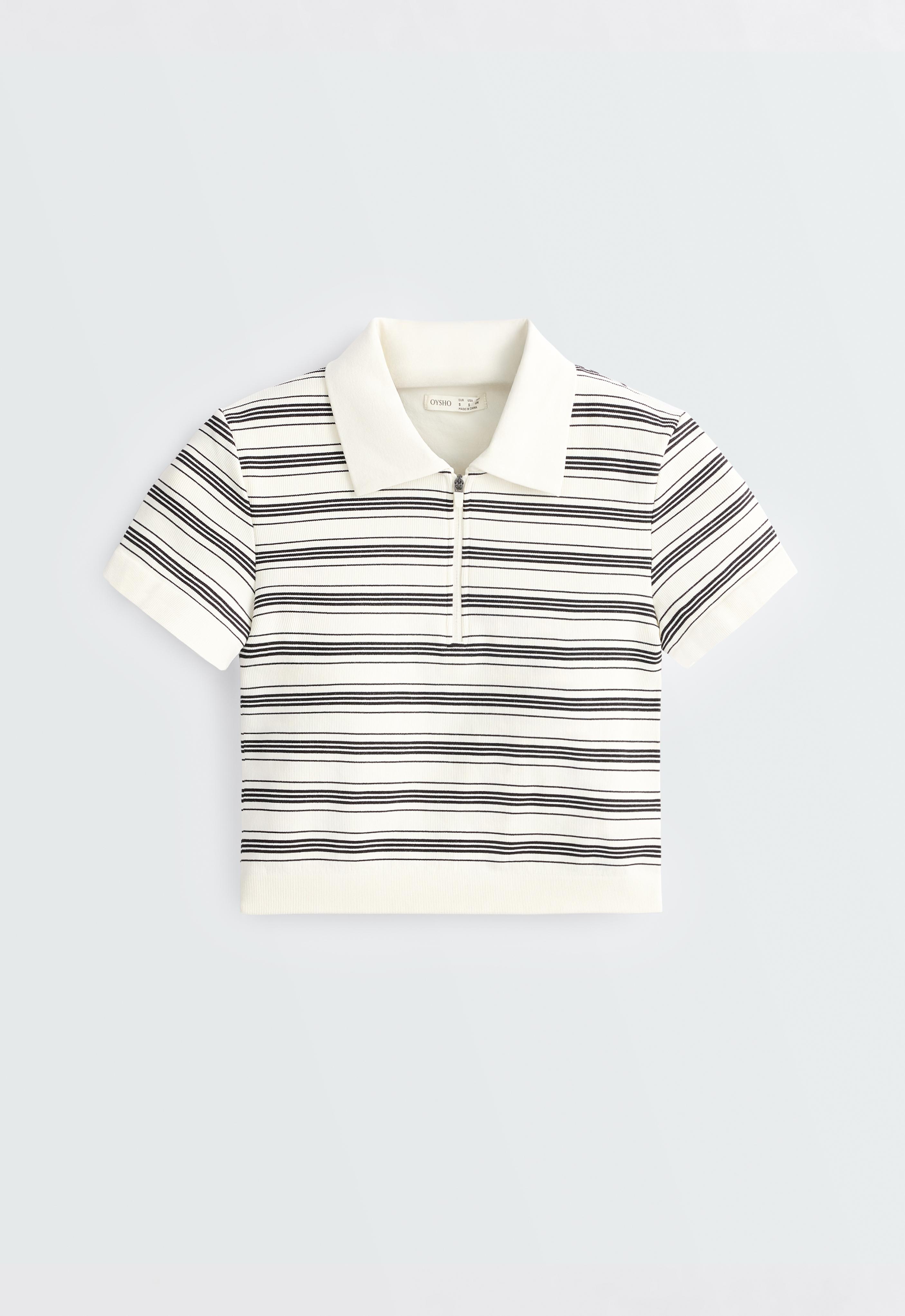 Striped seamless short-sleeved polo shirt — PALE ECRU