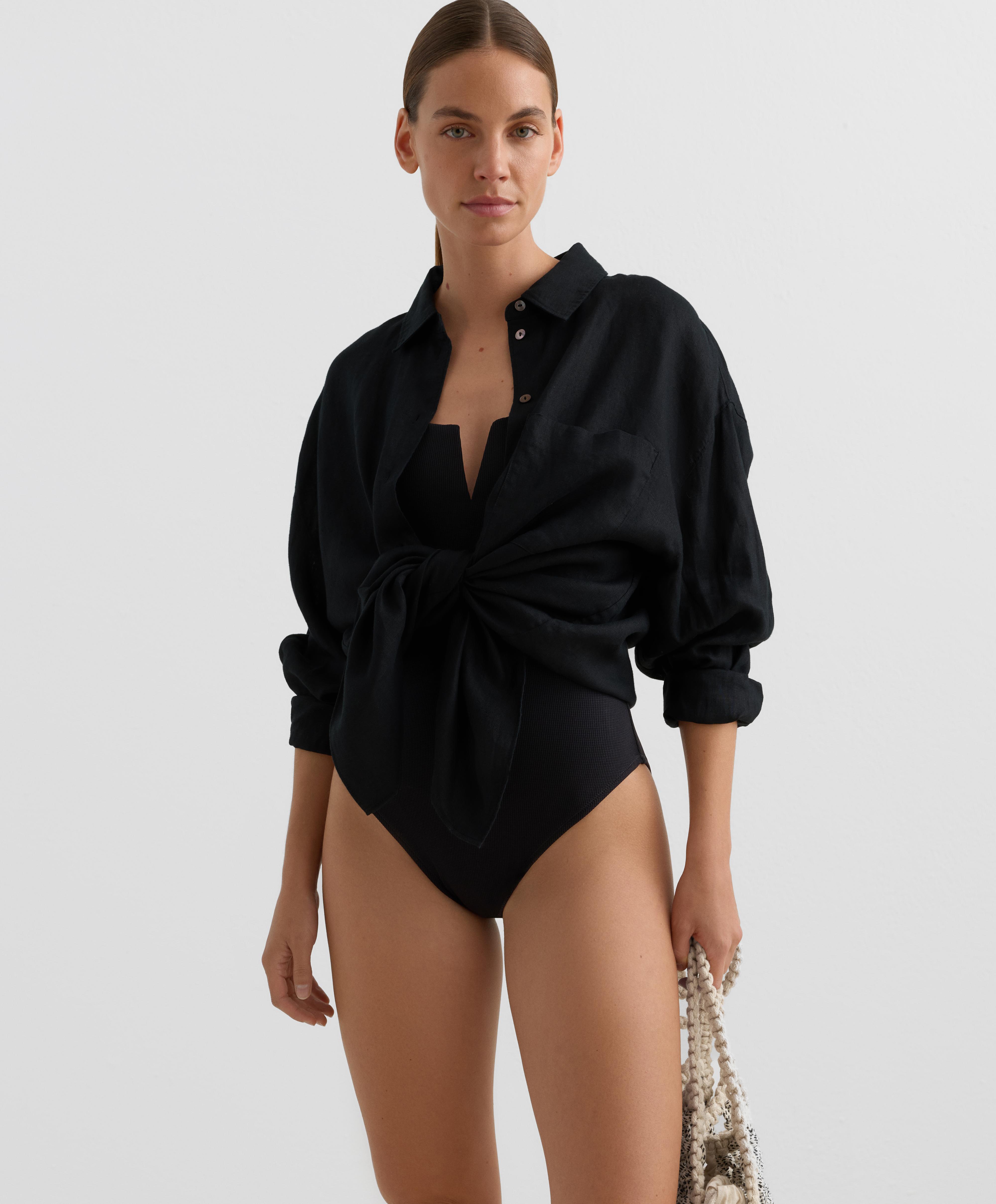 Piqué V-neck swimsuit — BLACK