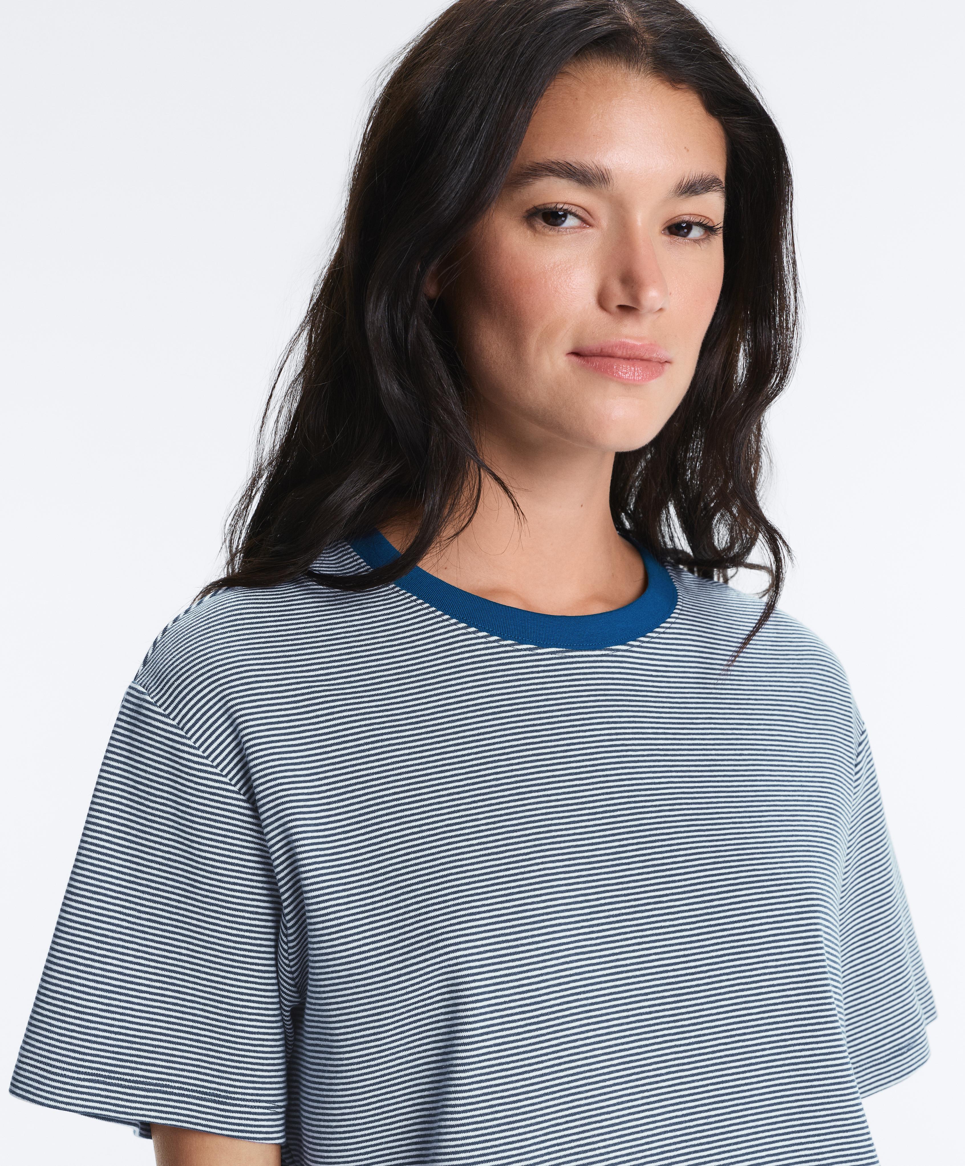 Striped boxy short sleeve cotton blend T-shirt — NAVY BLUE