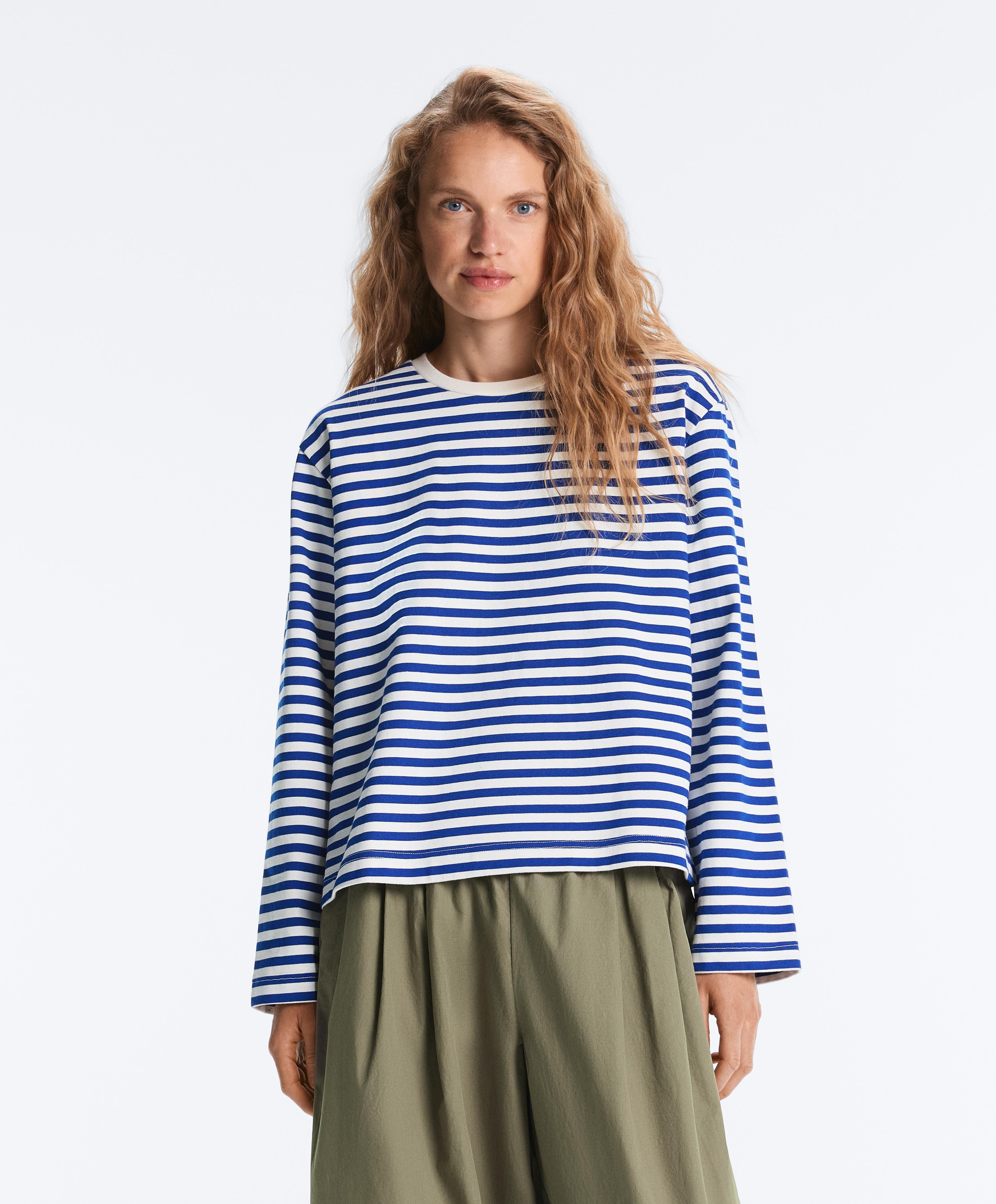 Boxy long-sleeved stripe 100% cotton T-shirt — ELECTRIC BLUE