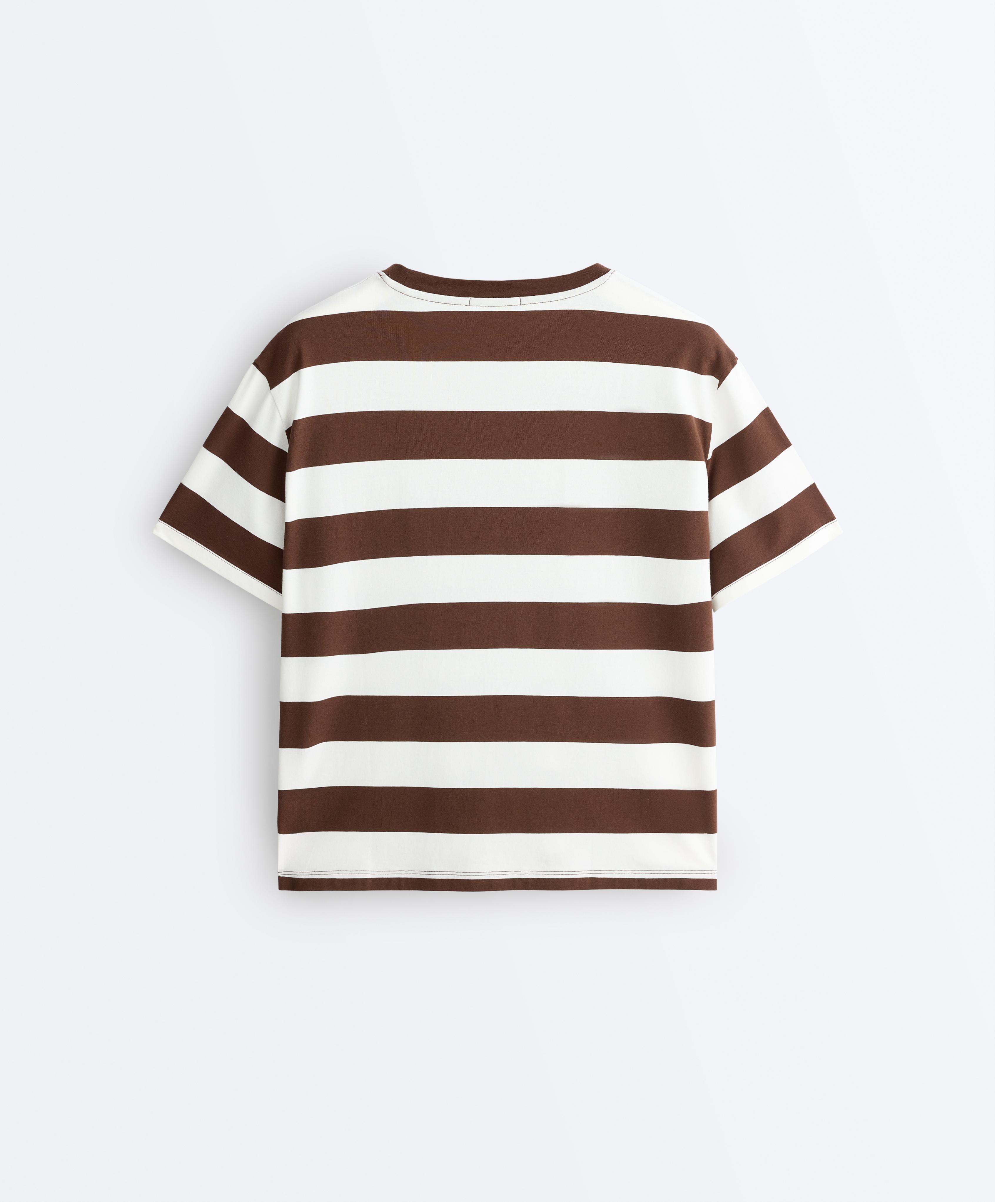 Striped boxy short-sleeve cotton blend T-shirt — DARK BROWN