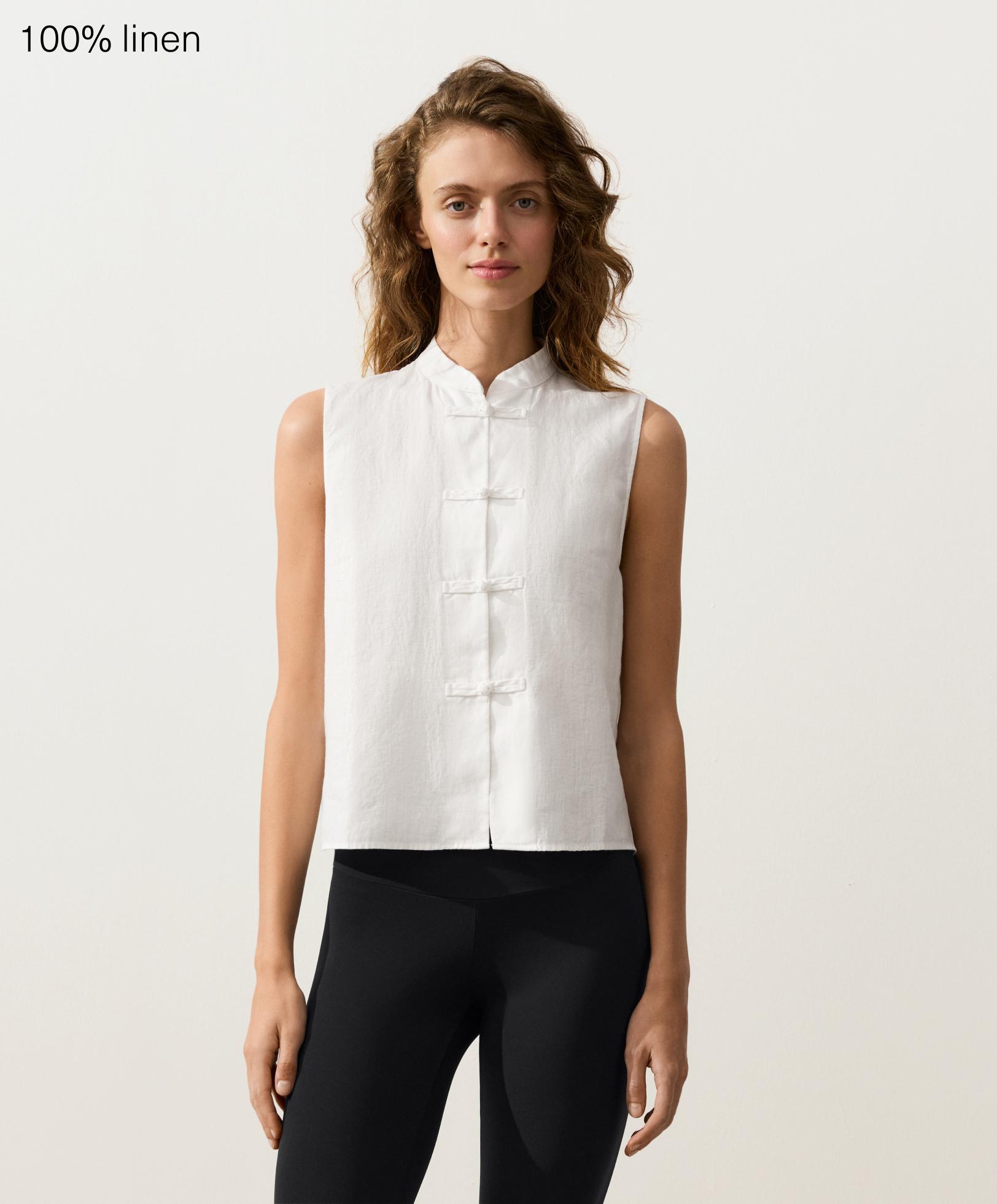 100% linen sleeveless stand-up collar shirt — WHITE
