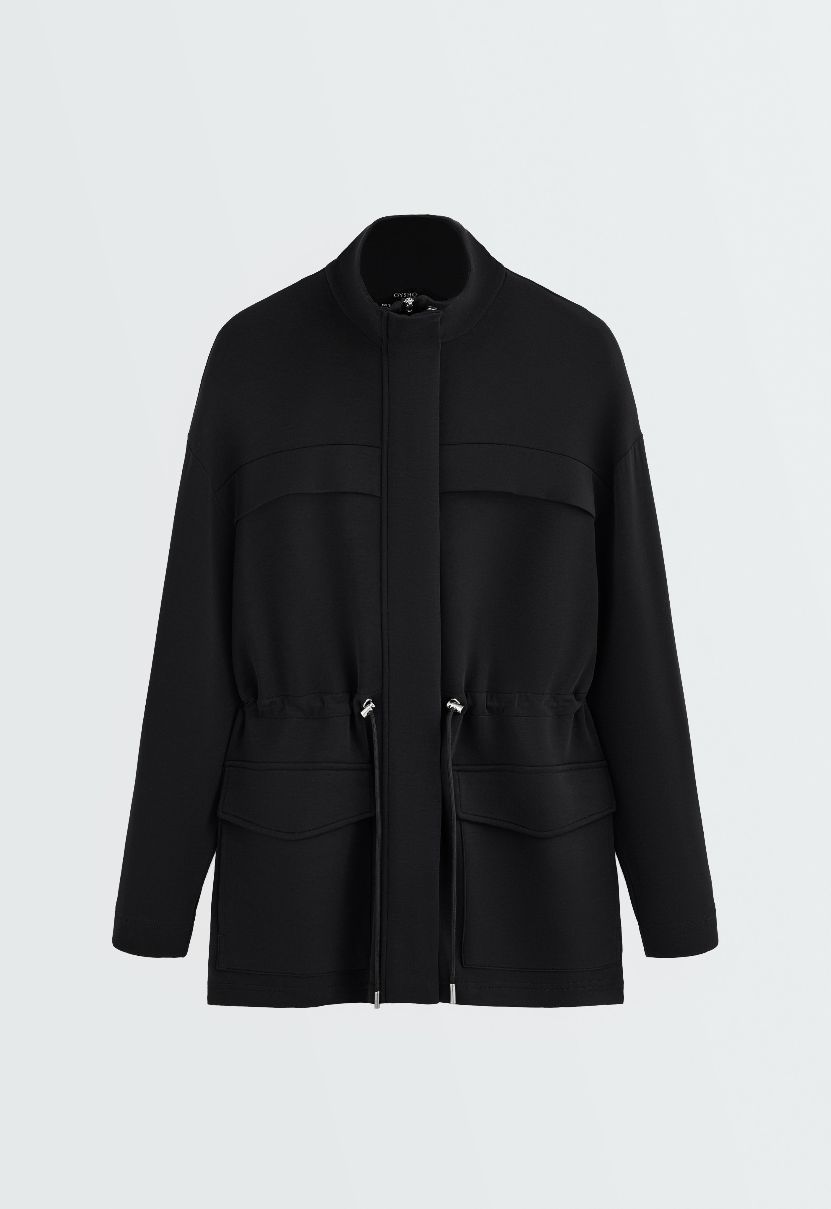 Long soft-touch modal jacket with pockets — BLACK