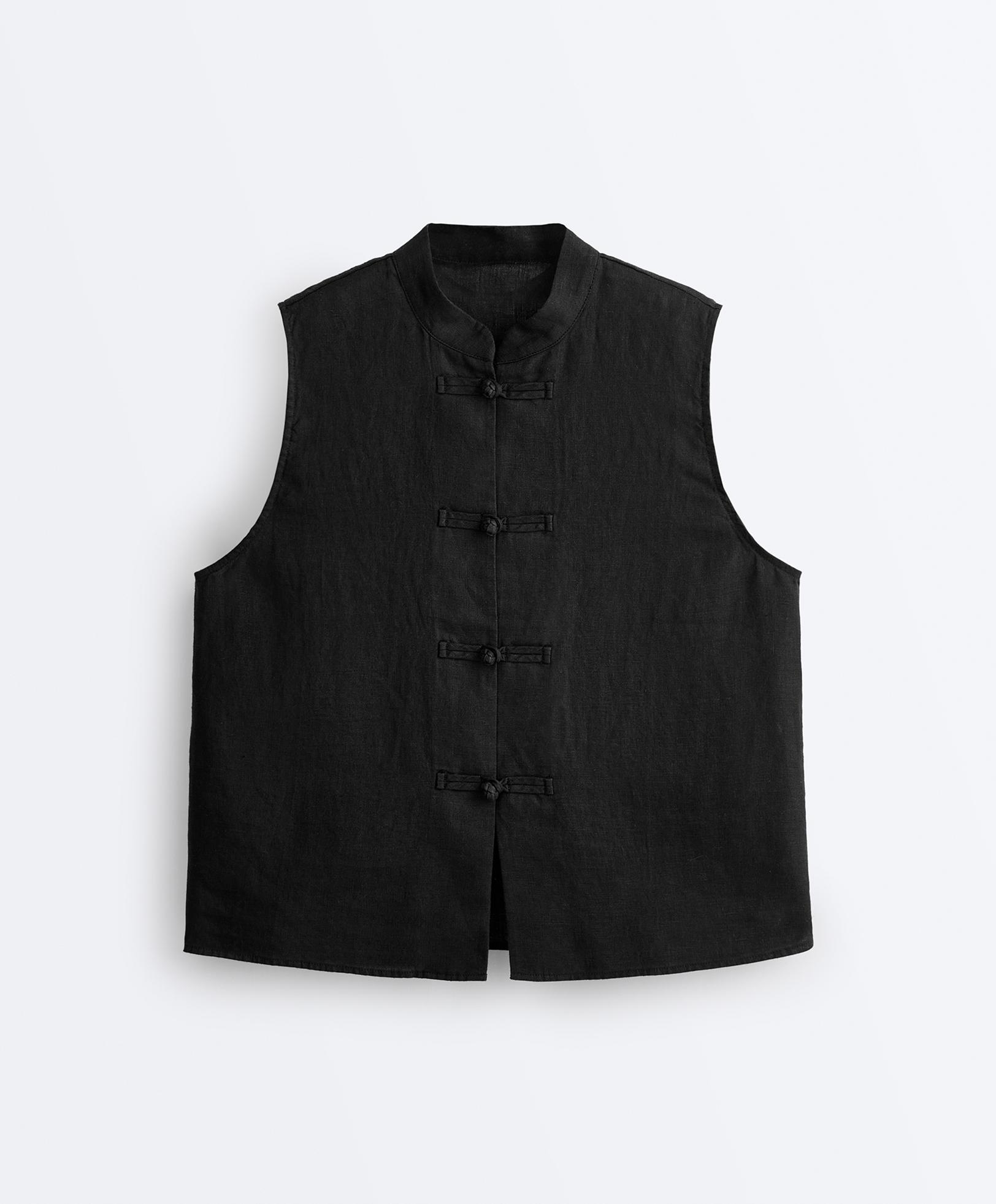 100% linen sleeveless stand-up collar shirt — BLACK