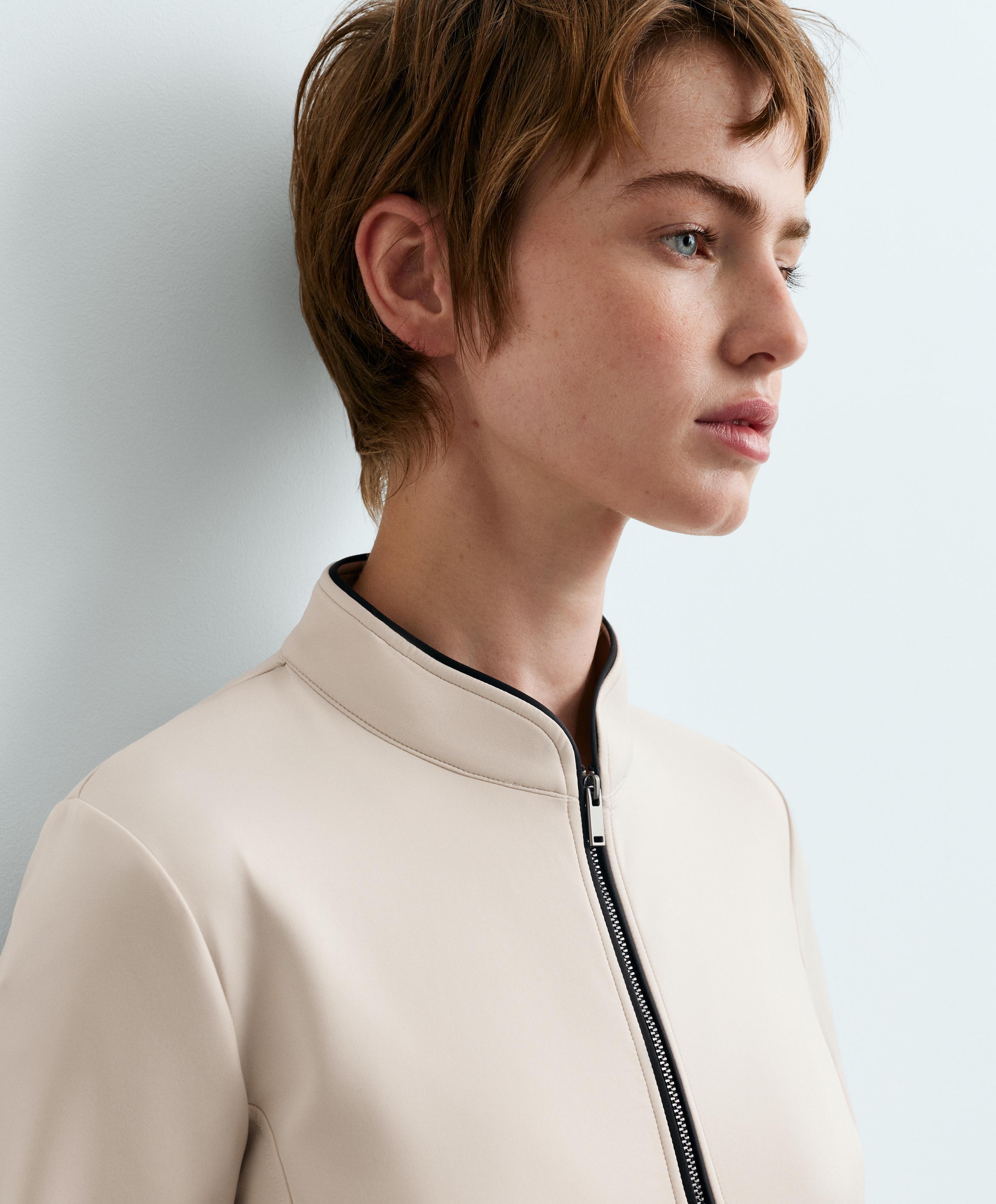 Neoprene-effect jacket with mandarin collar and piping — OATMEAL