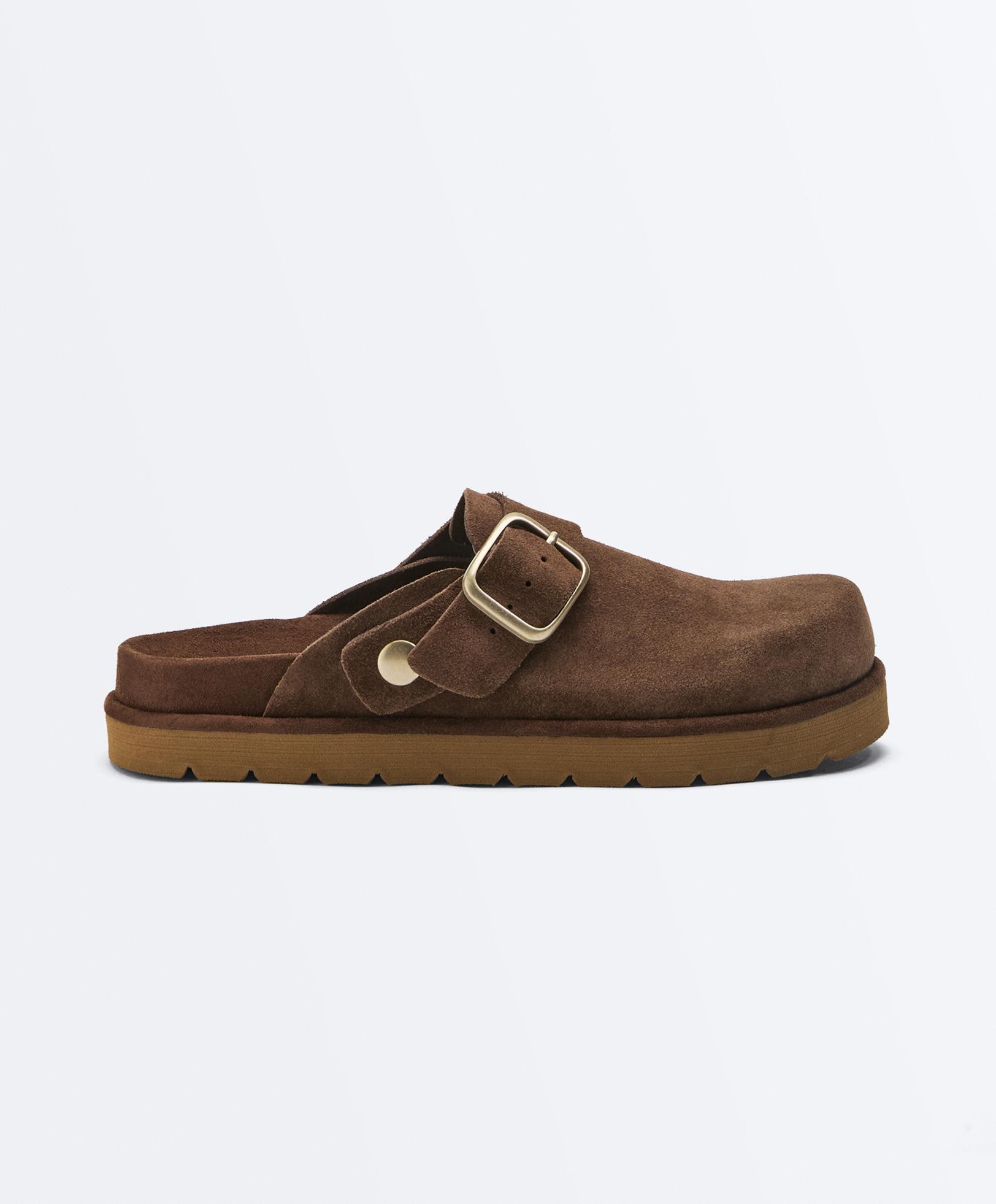 Buckled split-leather mules — BROWN