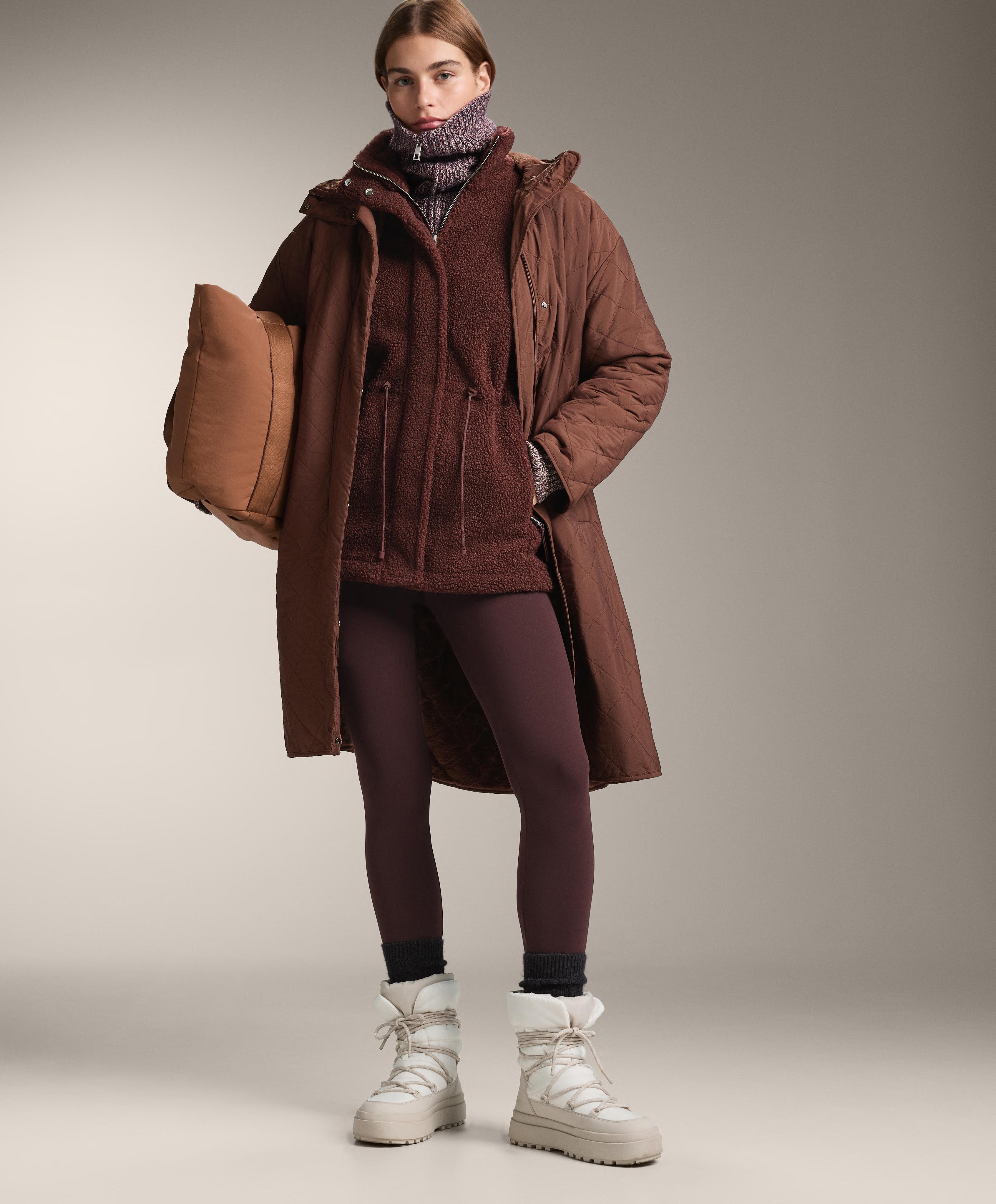Adjustable waist faux-shearling jacket — BURGUNDY