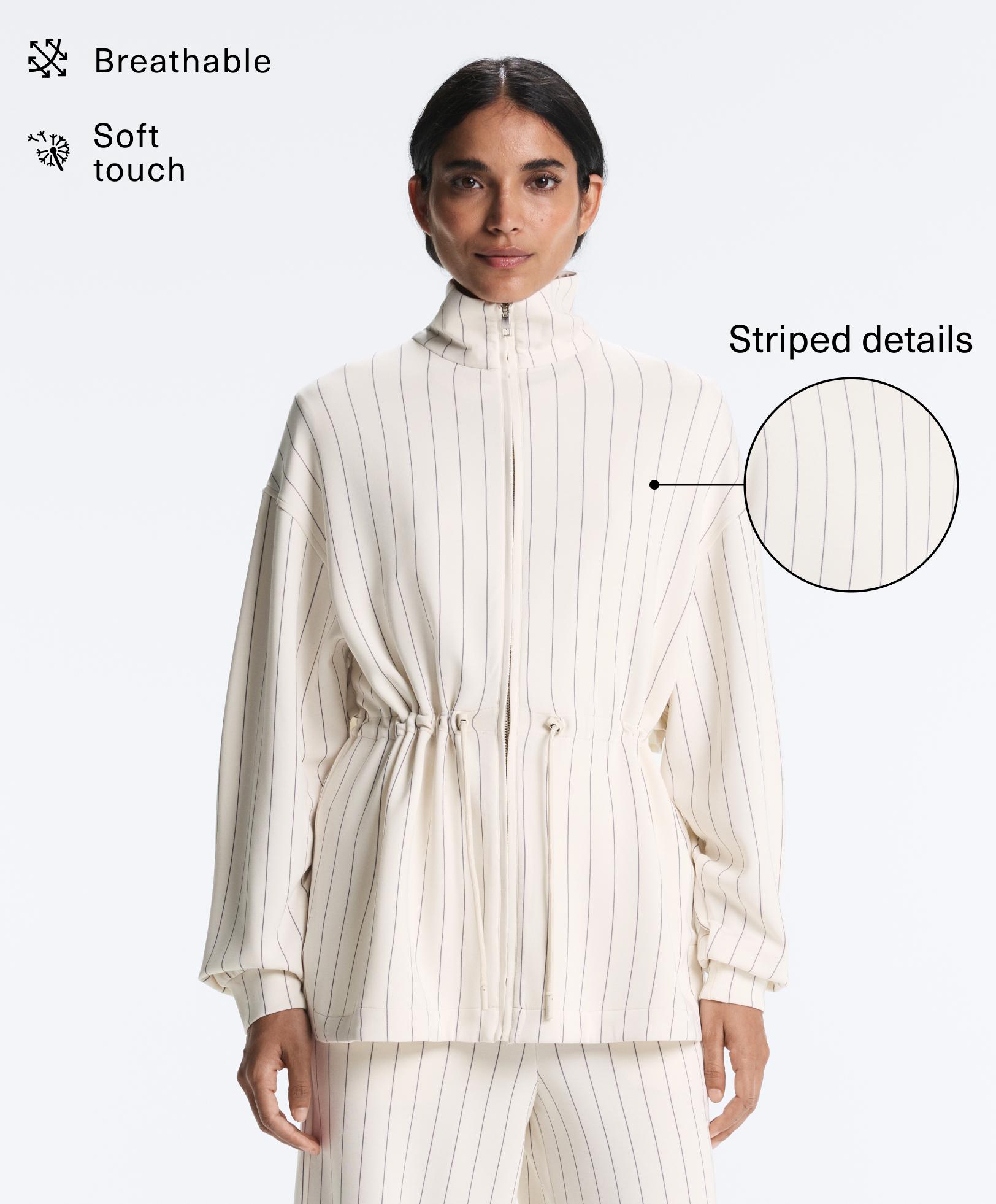 Long pinstripe jacket with adjustable waist and soft-touch modal Long pinstripe jacket with adjustable waist and soft-touch modal