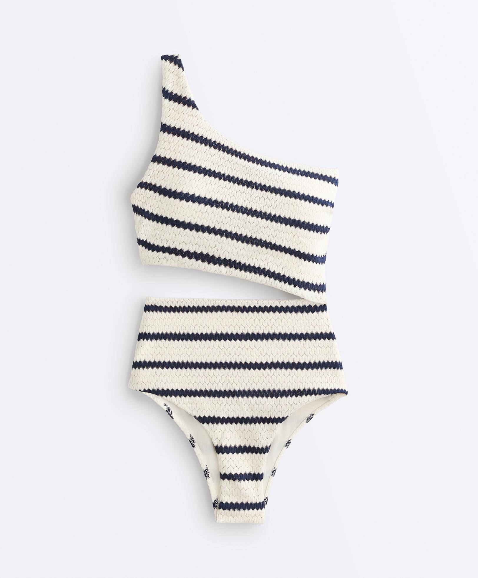 Asymmetric striped crochet trikini — PALE ECRU