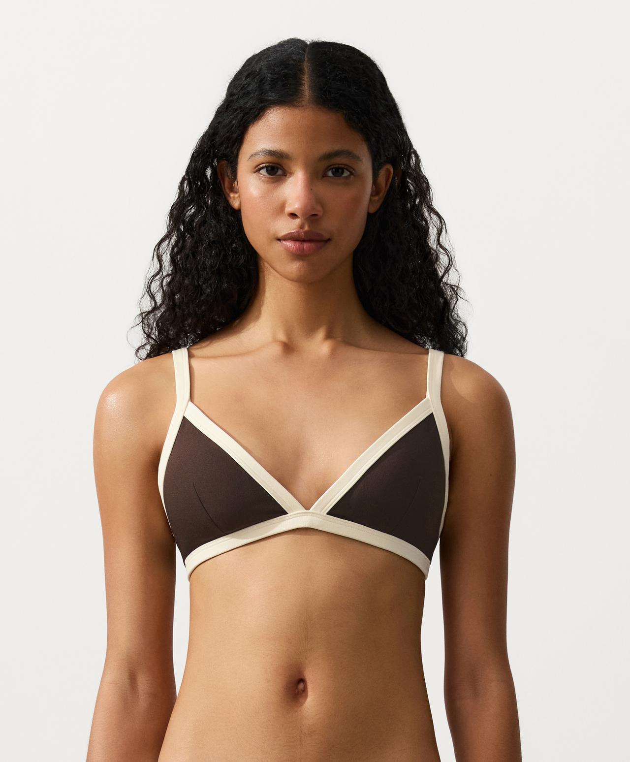 Contrast trim triangle bikini top — DARK BROWN