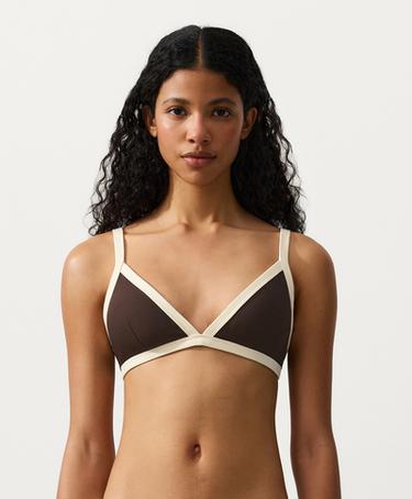 Contrast trim triangle bikini top — DARK BROWN 1