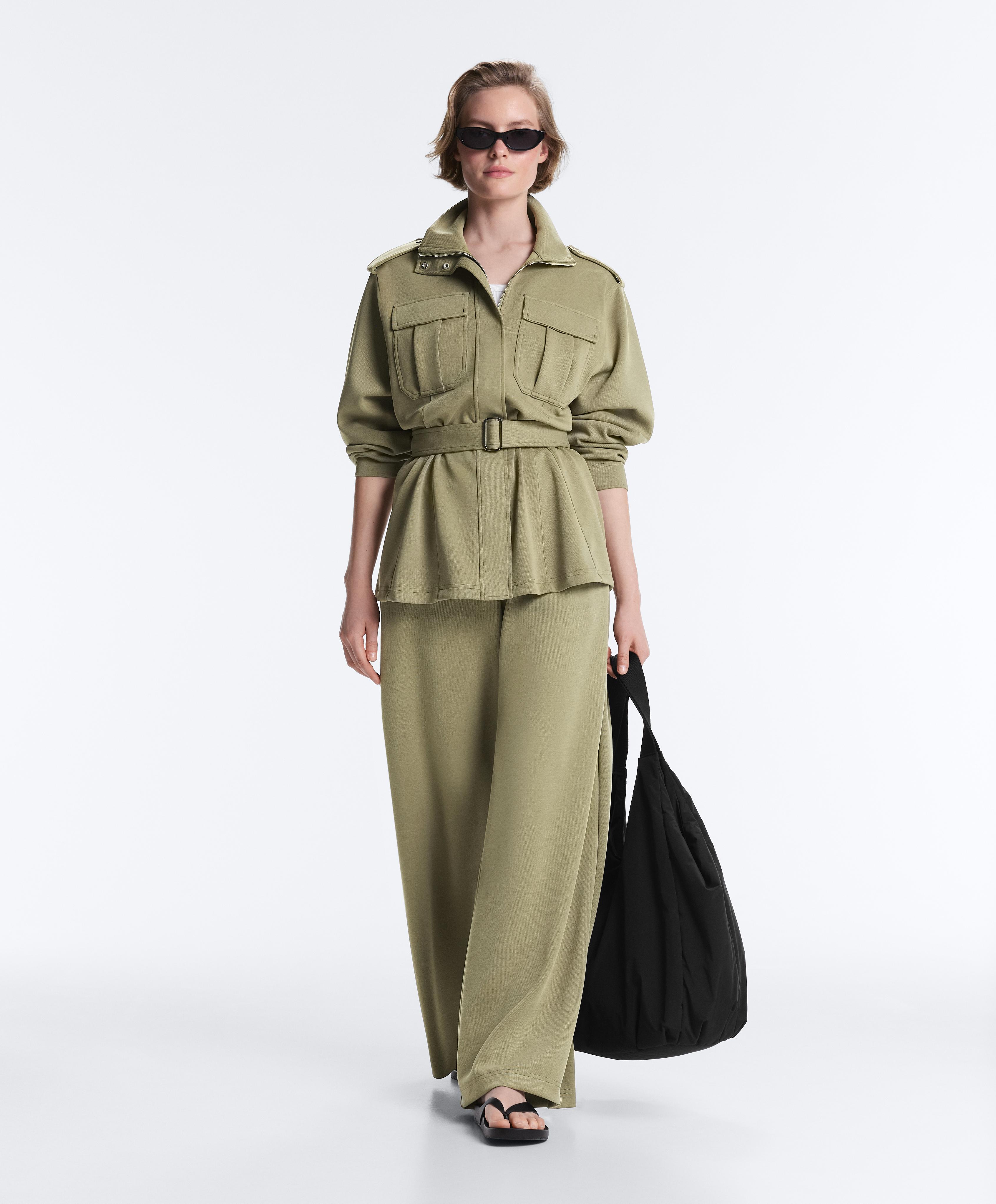 Long utility pique jacket with belt — YELLOW GREEN