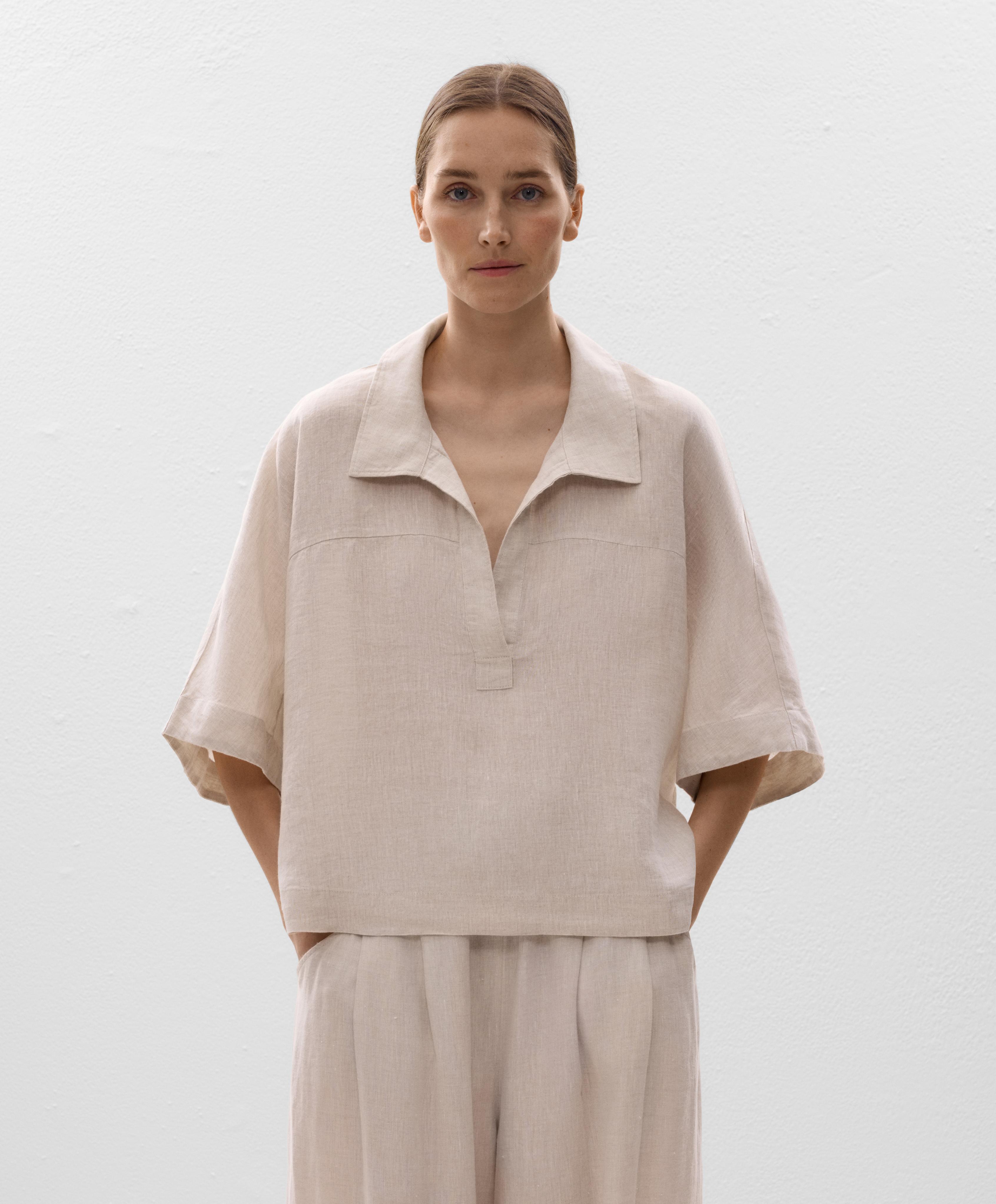 Oversize short-sleeved 100% linen shirt — SAND MELANGE