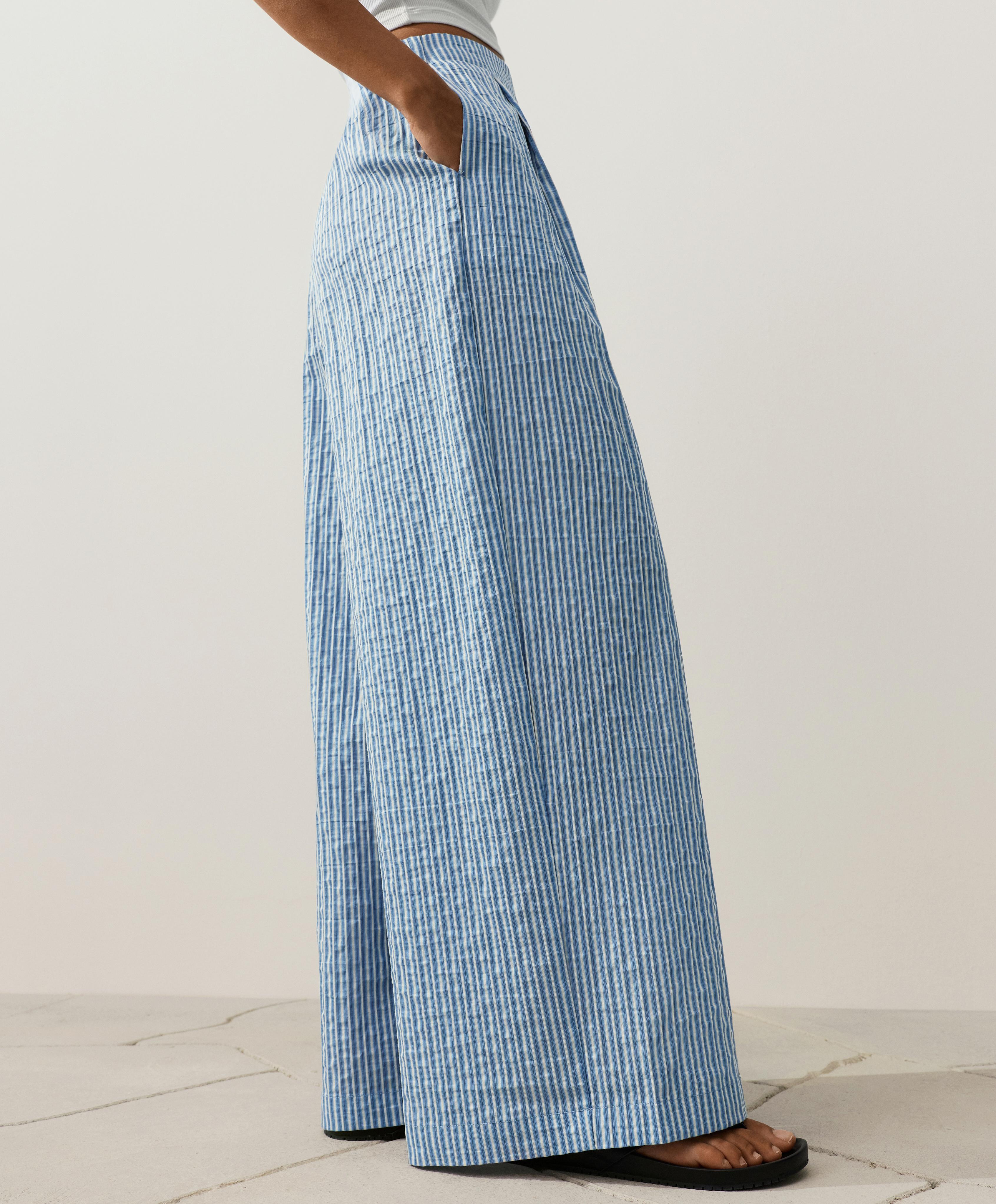 Cotton blend striped straight-leg trousers — MID-BLUE