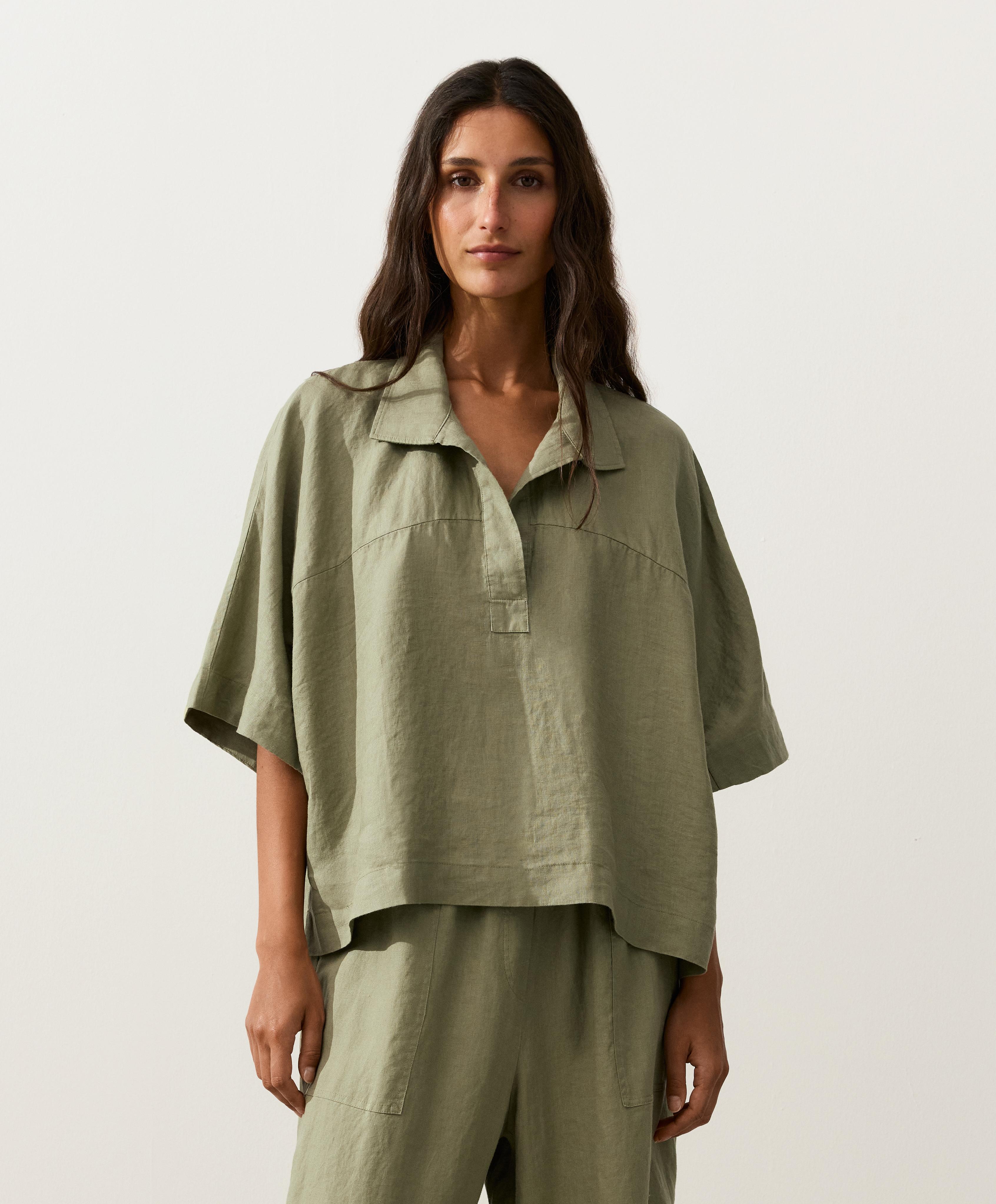 Oversize 100% linen polo shirt — YELLOW GREEN