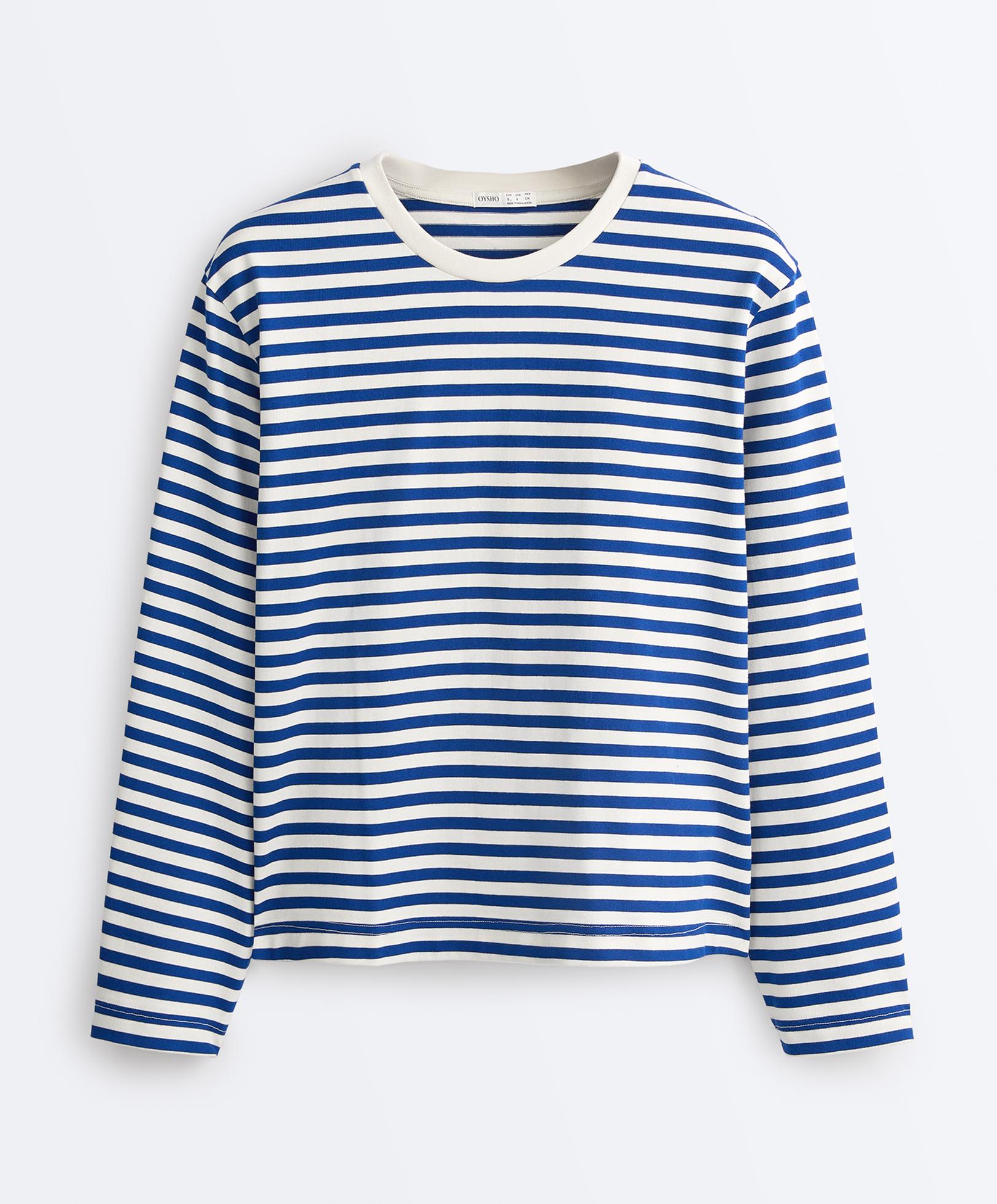 Boxy long-sleeved stripe 100% cotton T-shirt — ELECTRIC BLUE
