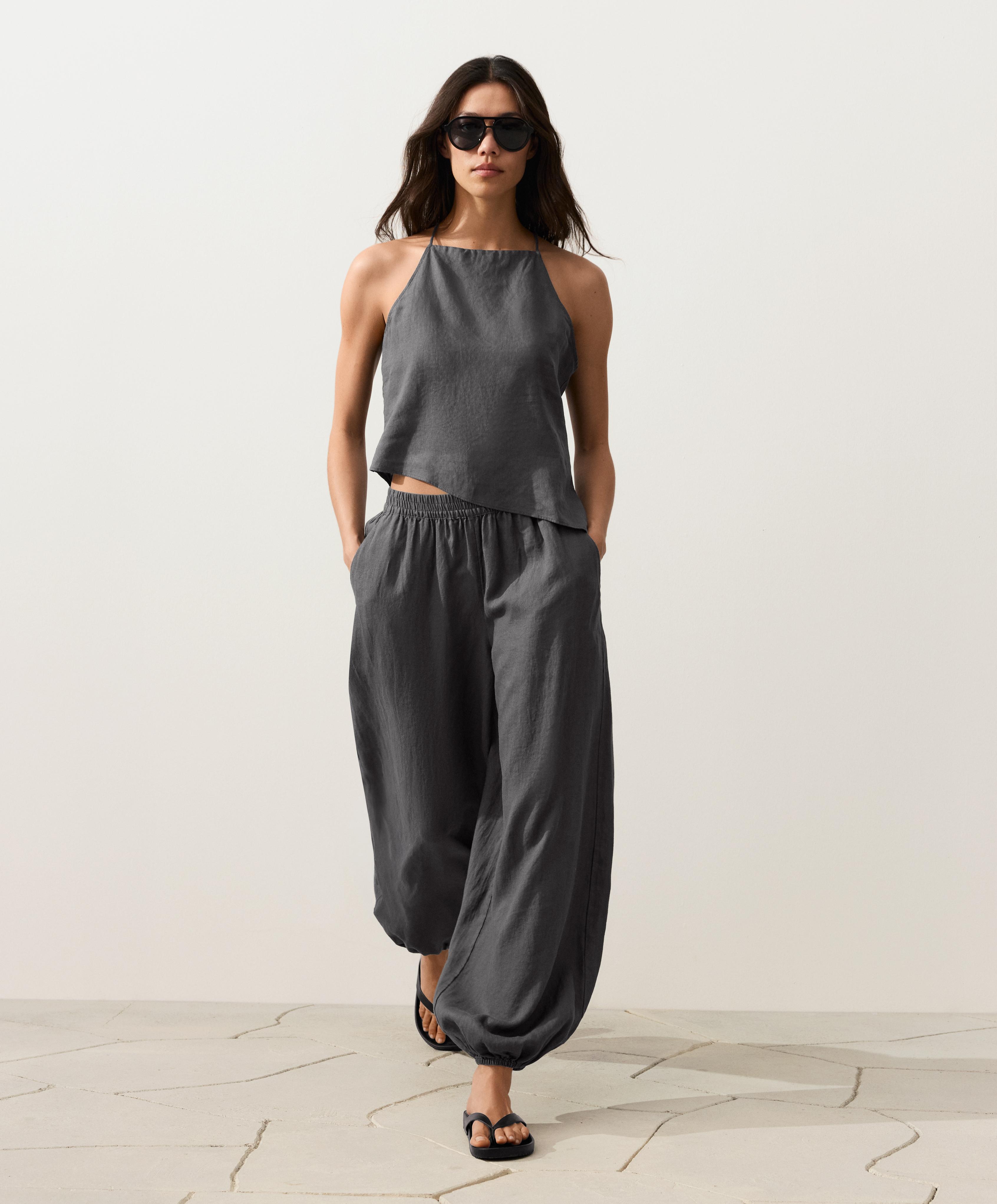 Asymmetric 100% linen sleeveless top — STEEL GREY