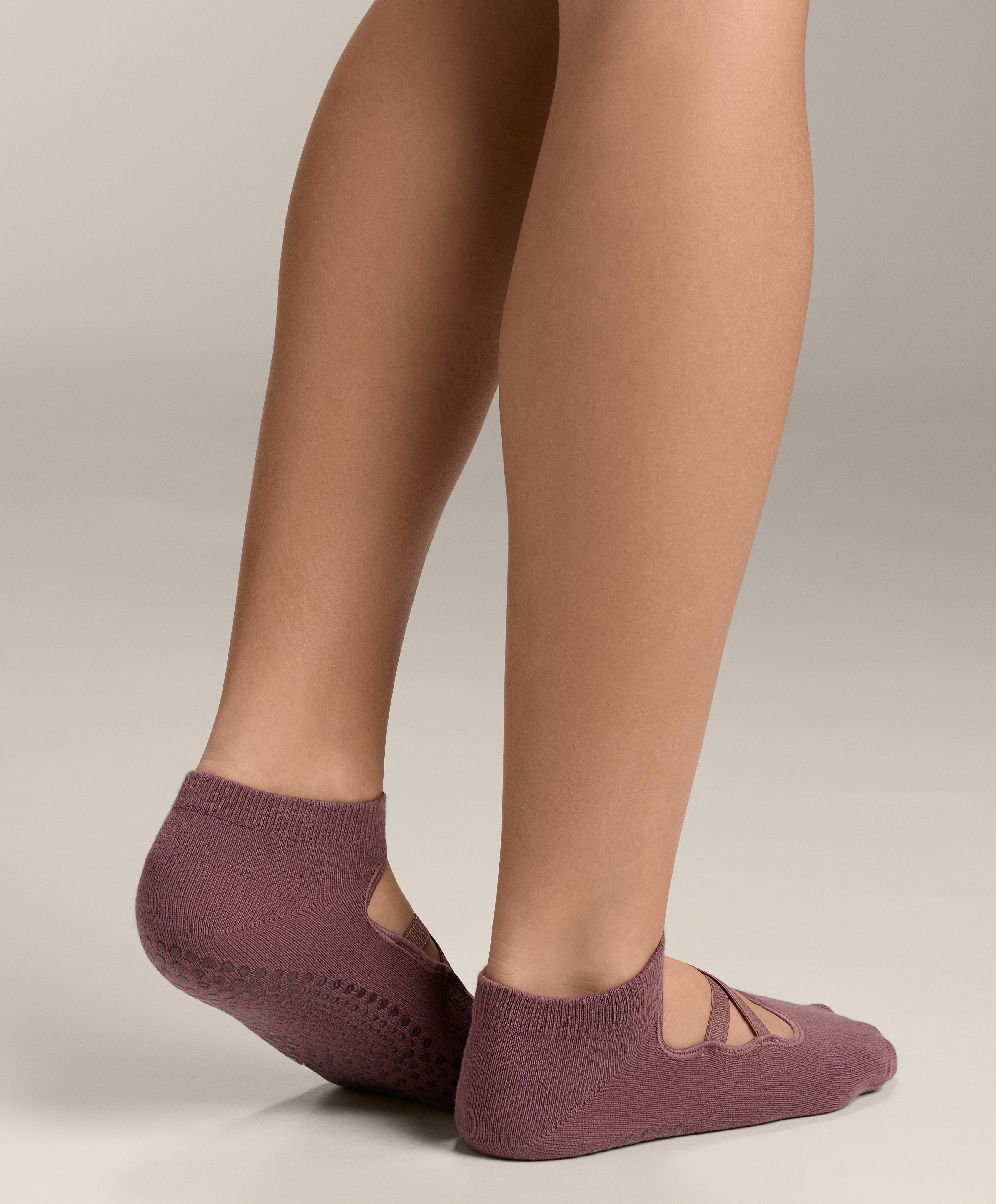 2 pairs of cotton blend yoga and Pilates socks with crossover straps — PINK-MAUVE