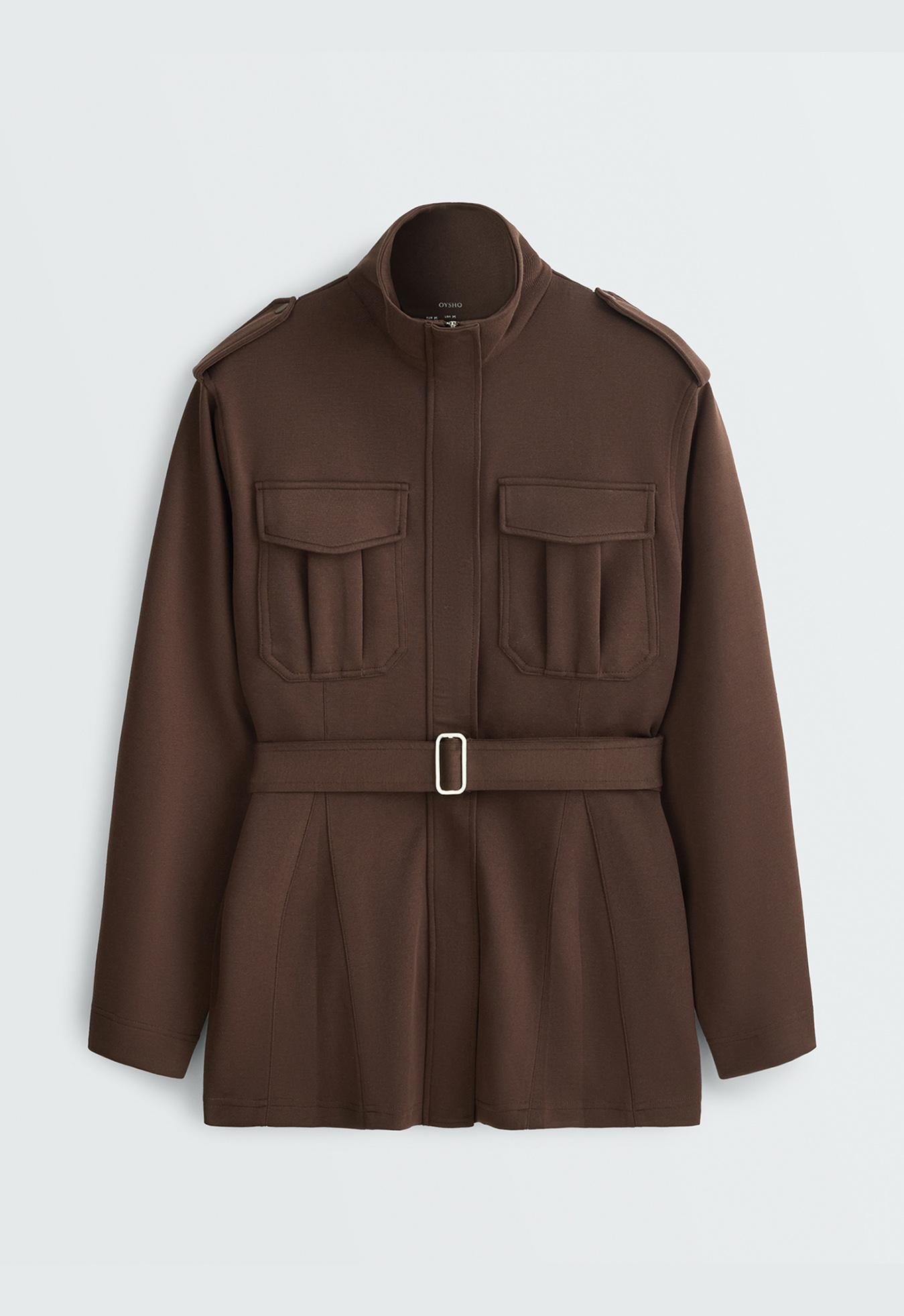 Long utility pique jacket with belt — DARK BROWN