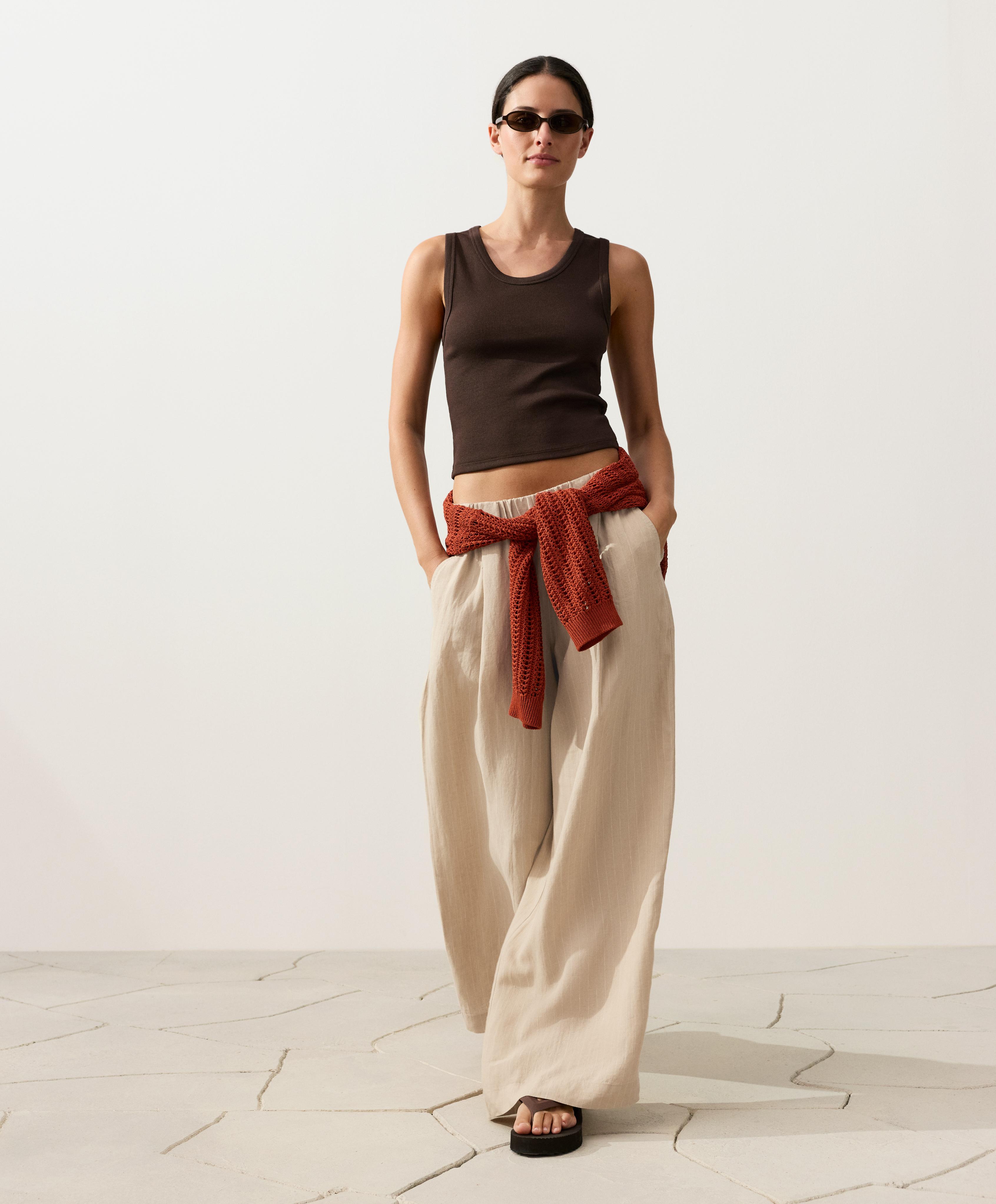 100% linen wide-leg striped trousers — SANDY