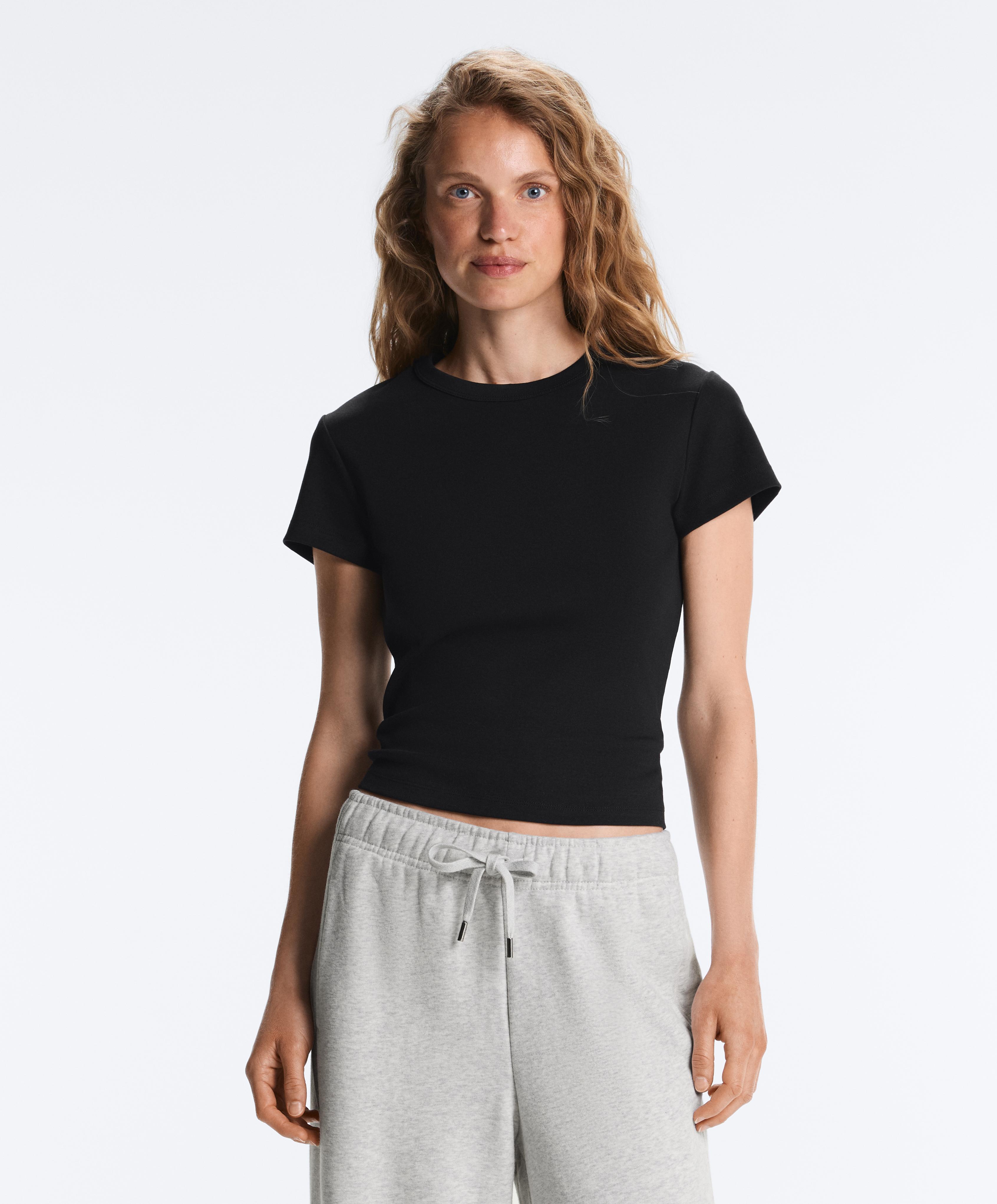 Fitted short sleeve rib T-shirt in cotton blend — BLACK