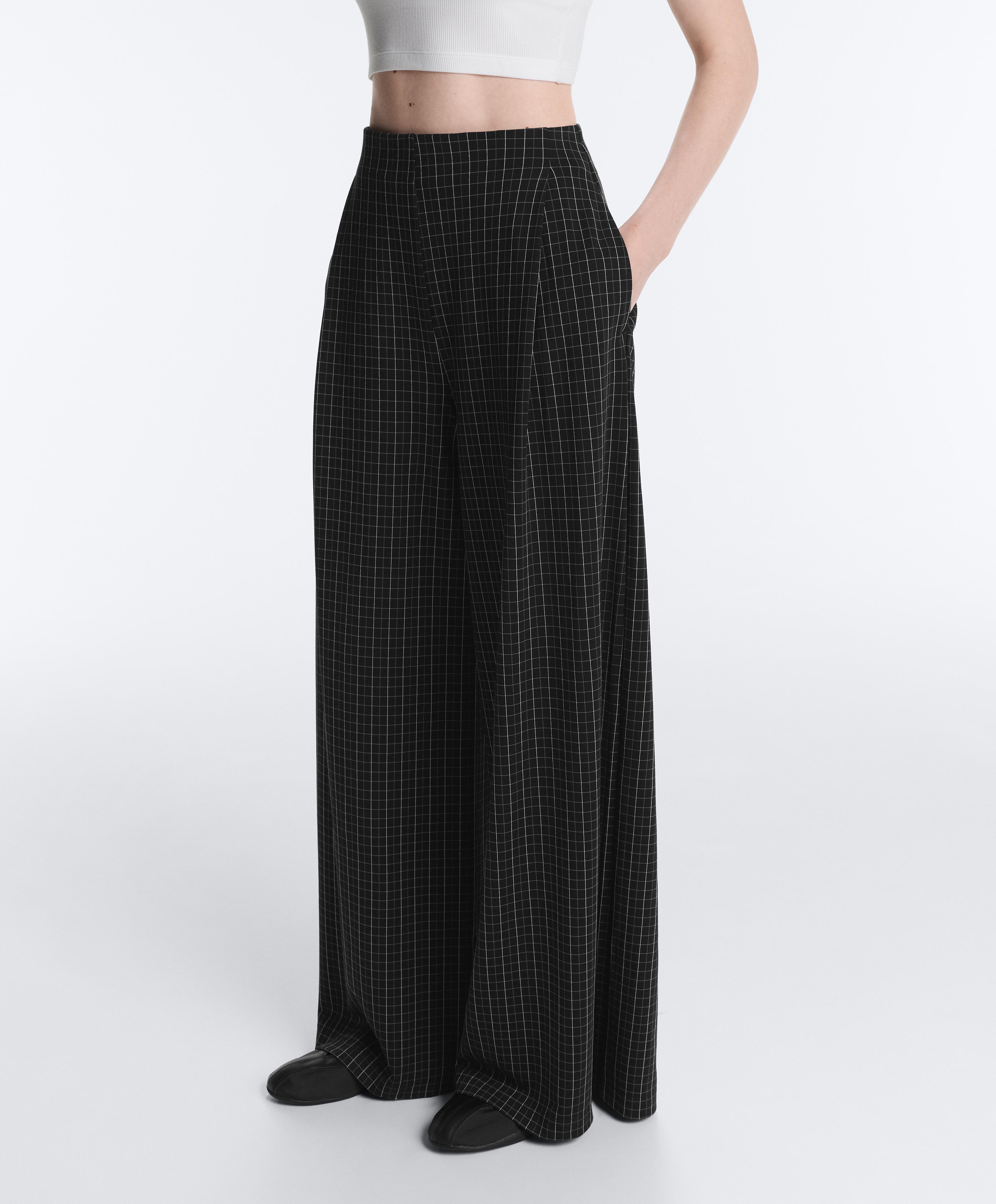 Wide-leg check trousers — BLACK
