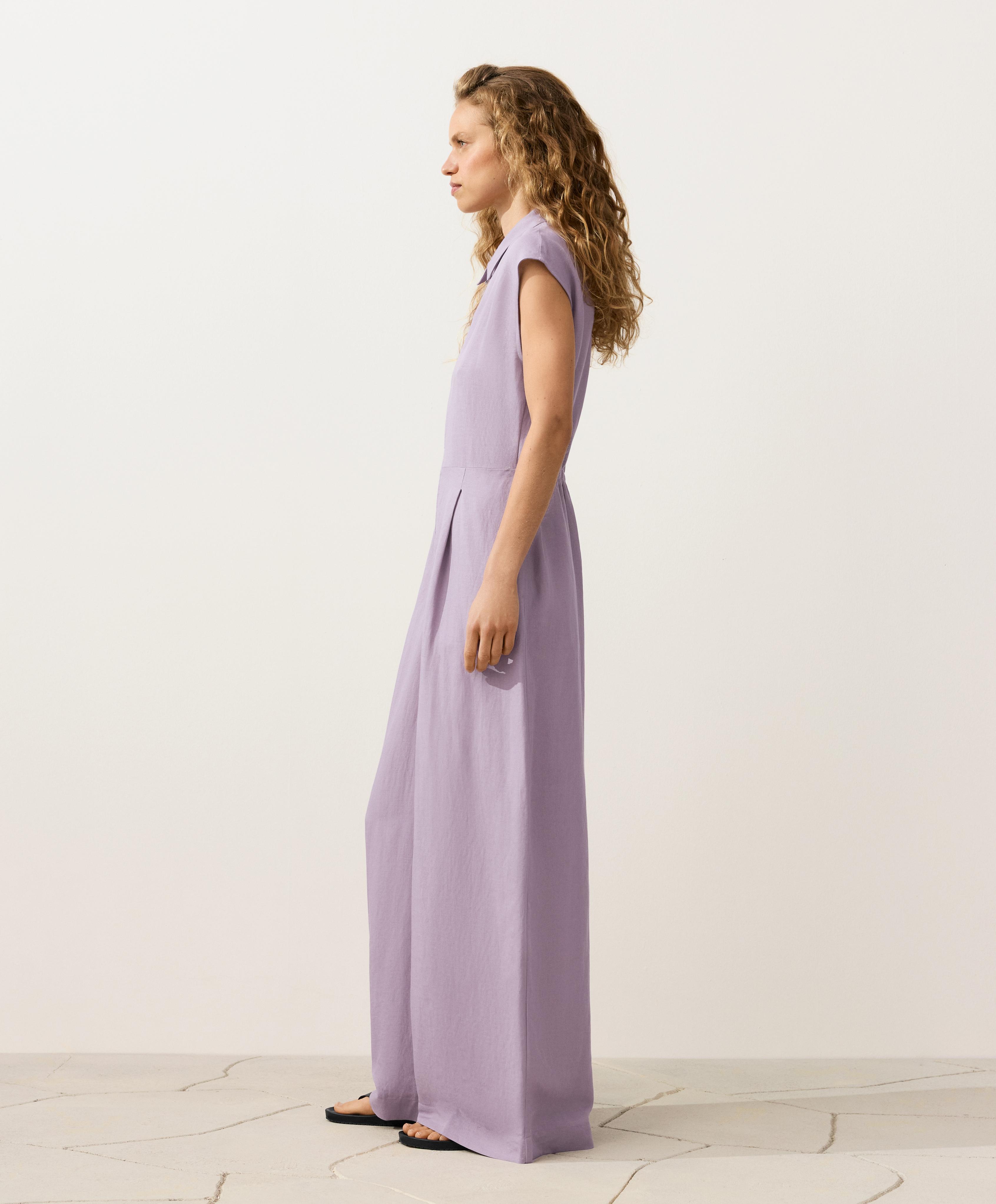 Linen long jumpsuit with lapel collar — LILAC