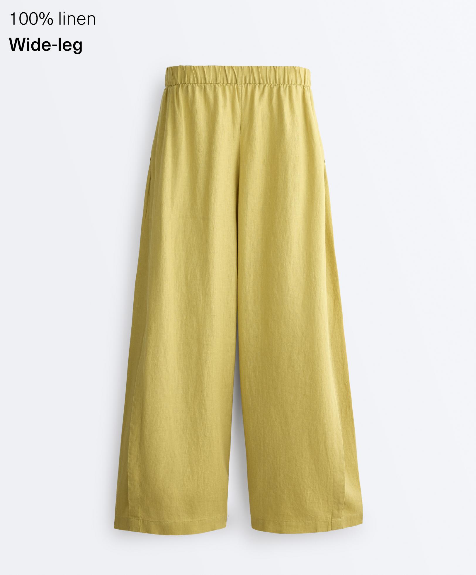 100% linen wide-leg trousers with side pleat — LIME GREEN
