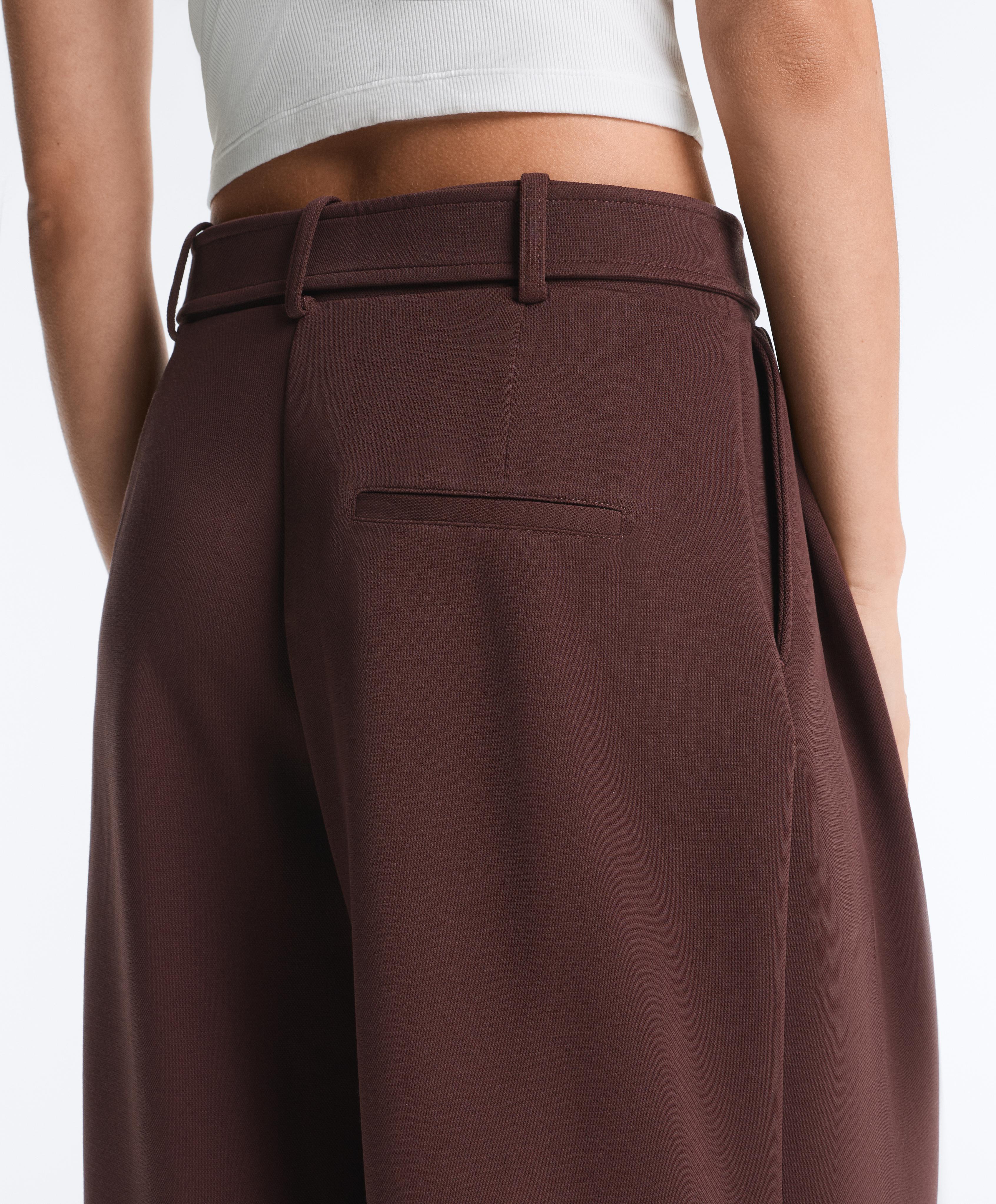 Wide-leg cotton piqué belted trousers — CHOCOLATE