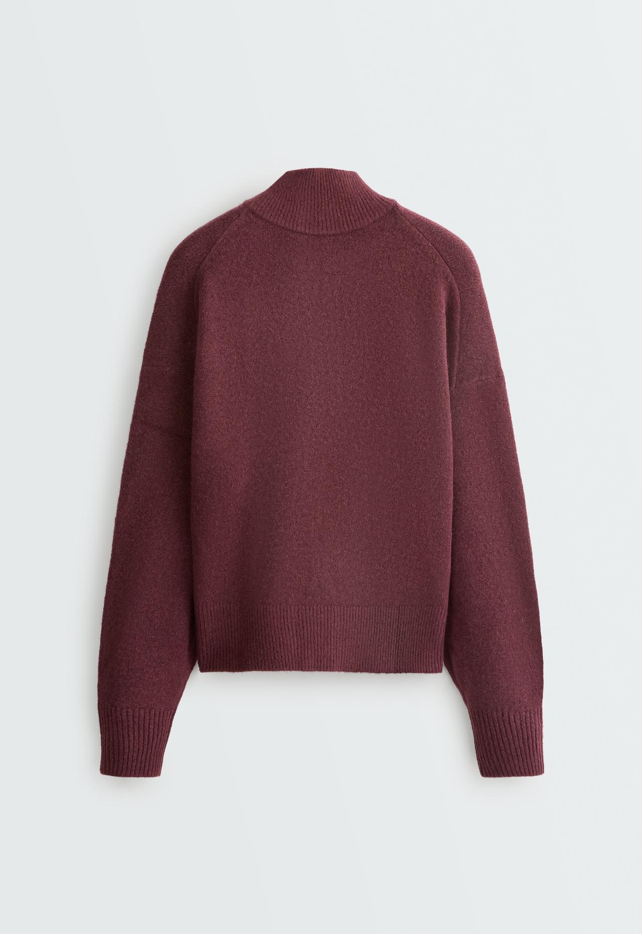 High-neck knit jumper with half-zip — BURGUNDY