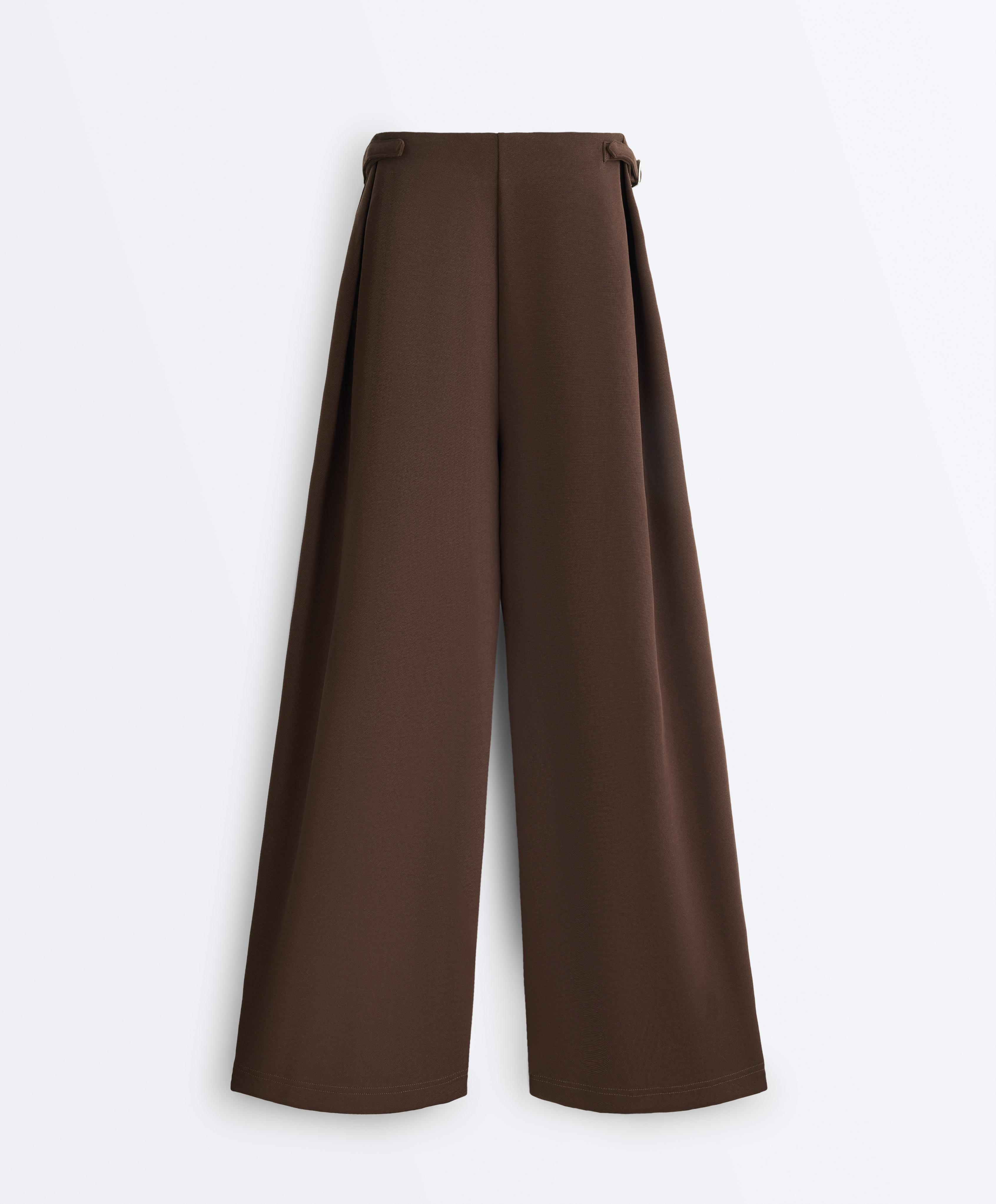 High-rise piqué wide-leg trousers with buckles | OYSHO România
