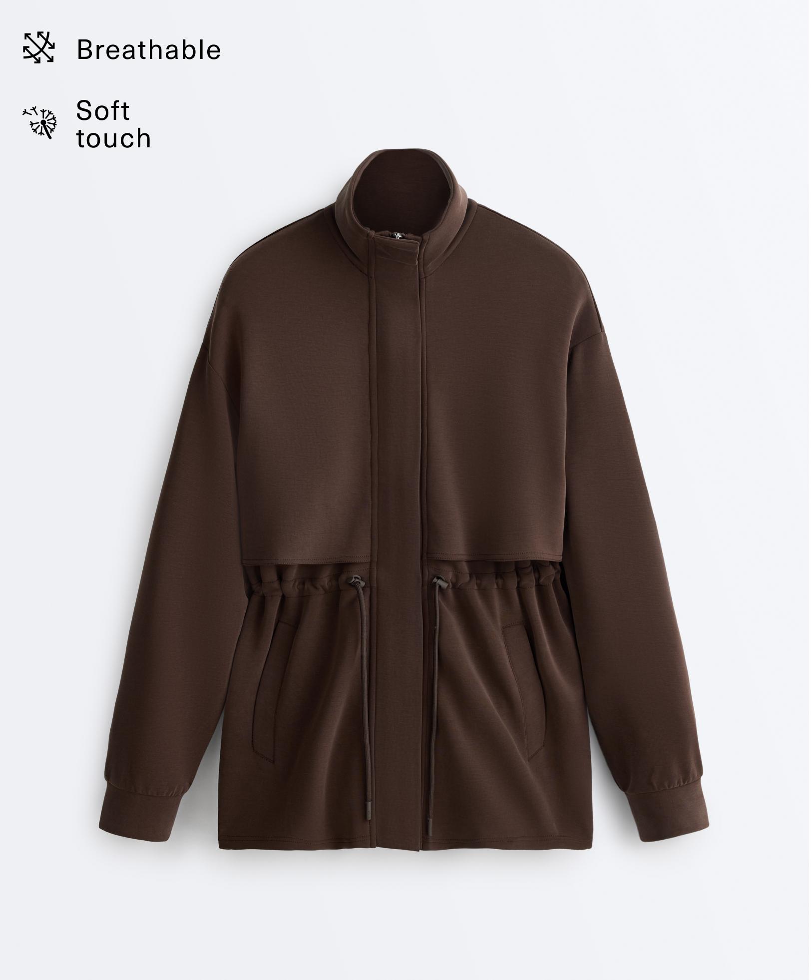Long soft-touch jacket with modal and pockets — BROWN