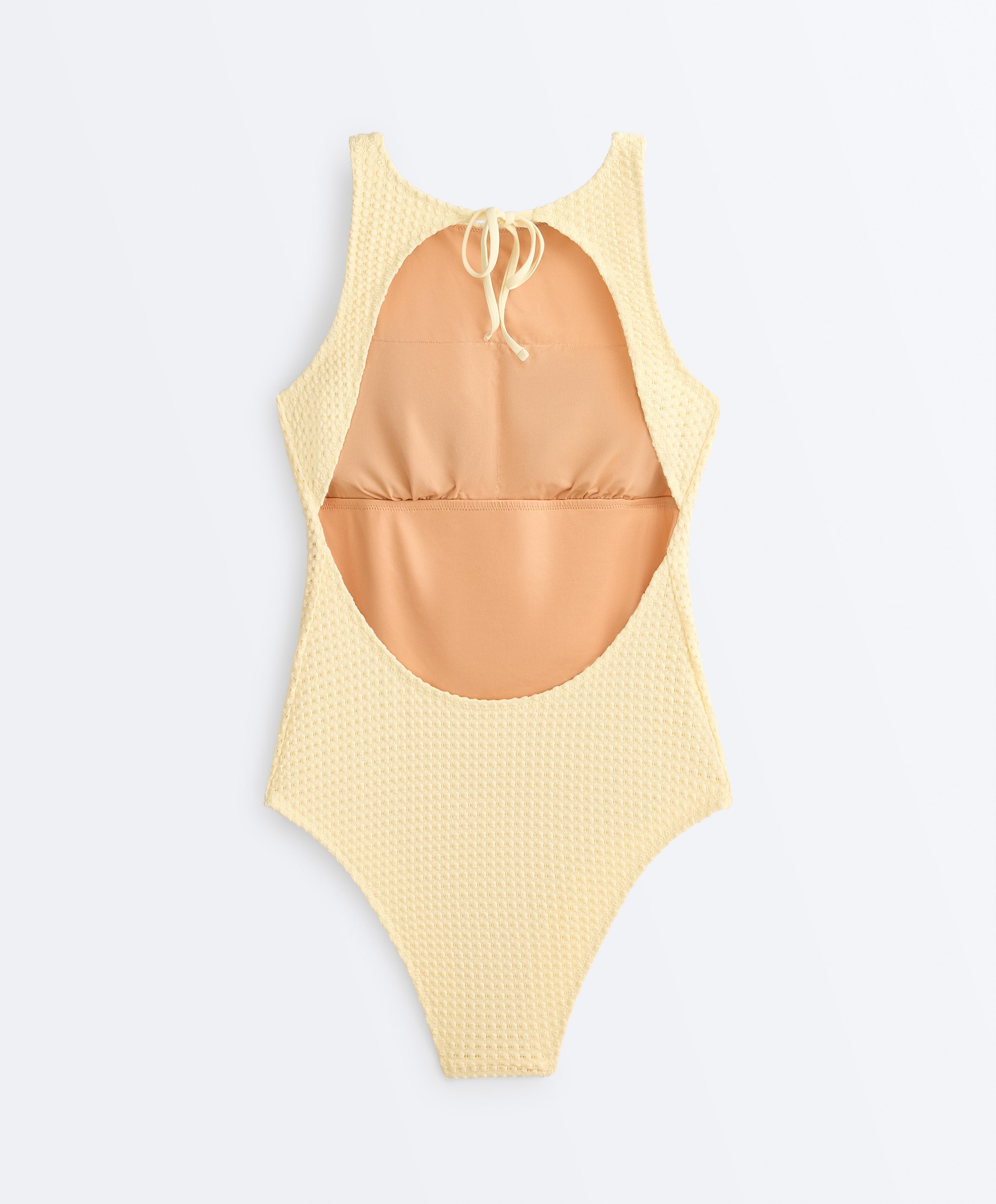 Bubble-texture crochet halter swimsuit — PALE YELLOW
