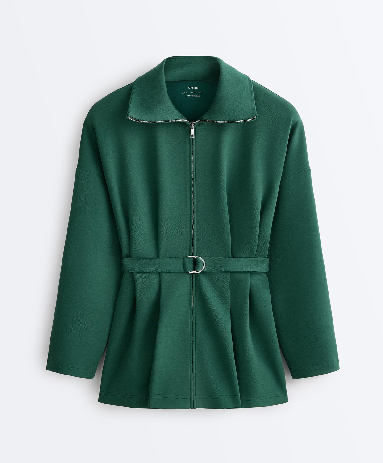 Long cotton piqué belted jacket — DARK EMERALD