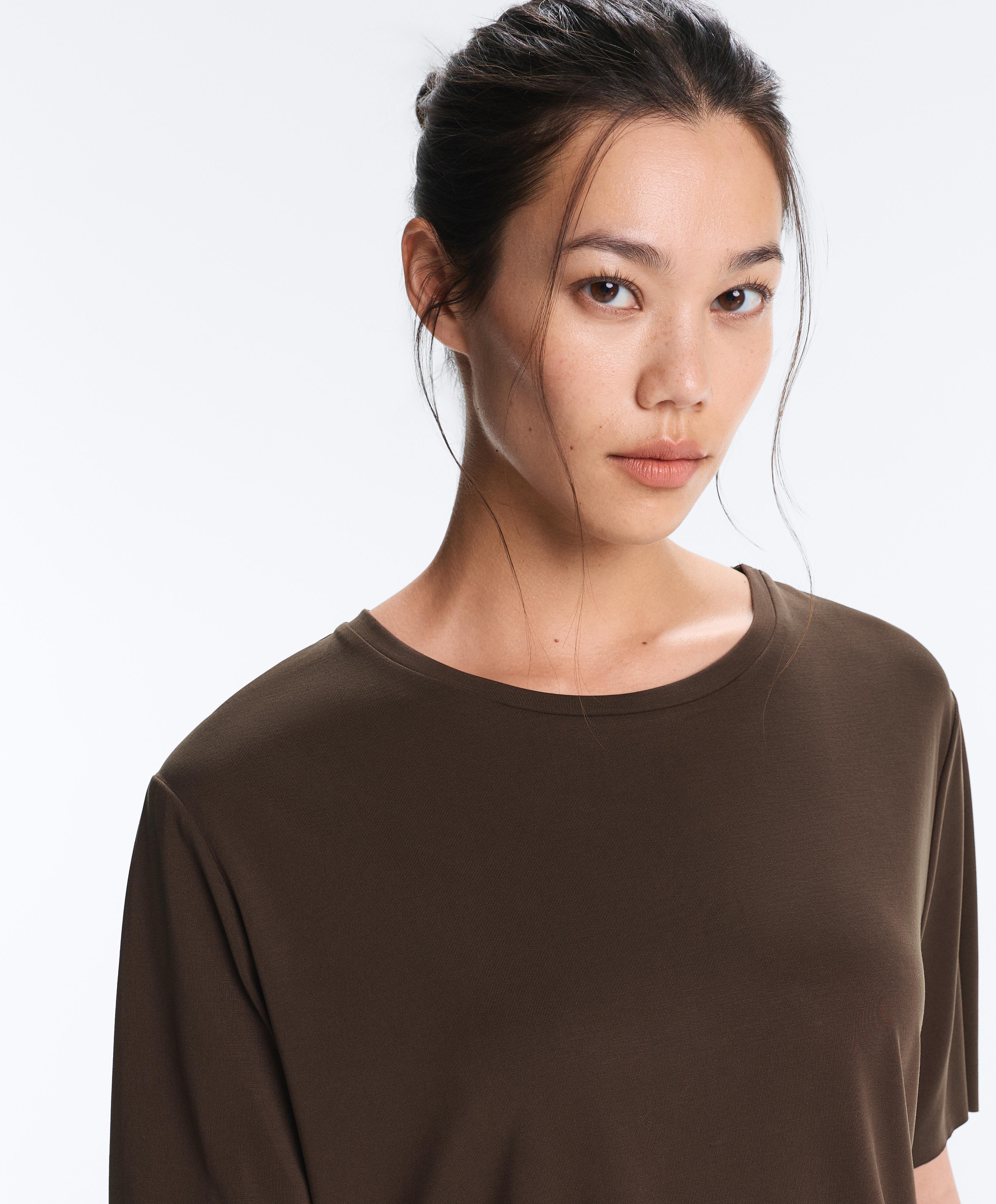 Modal blend short-sleeved rounded back T-shirt — DARK BROWN