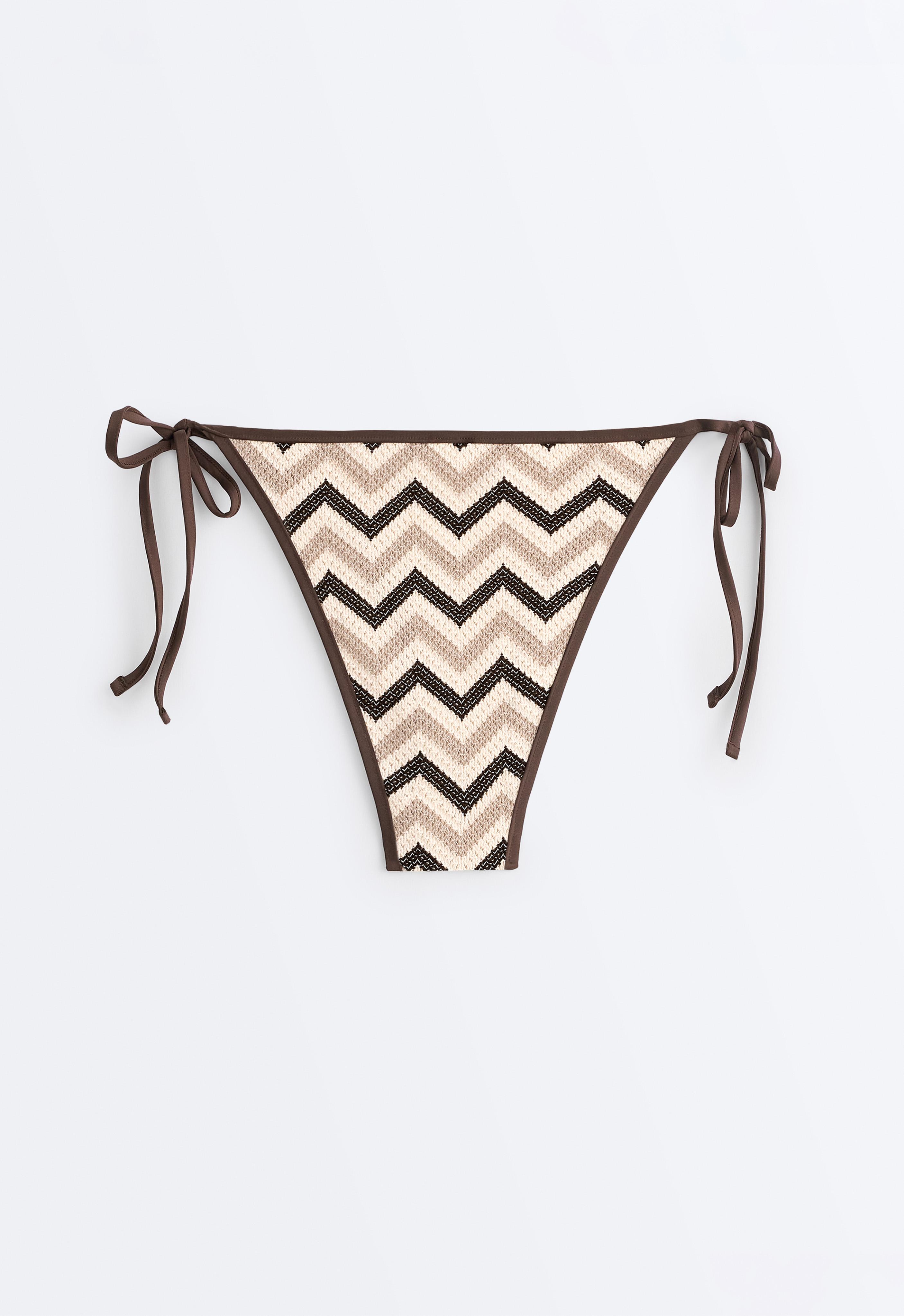 Medium-coverage zigzag crochet tie bikini briefs — ECRU