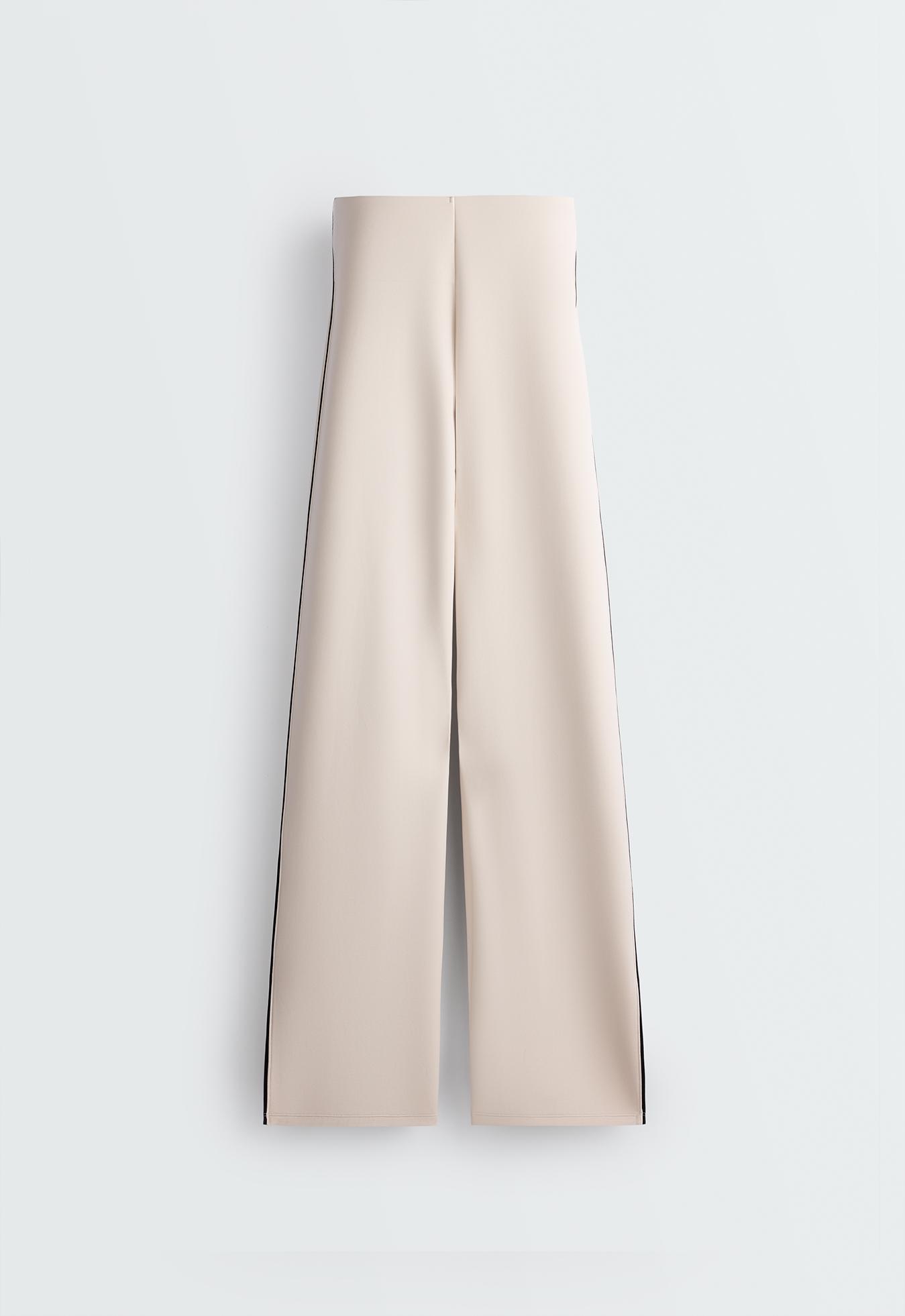 High-waist straight-leg neoprene-effect piping trousers — OATMEAL