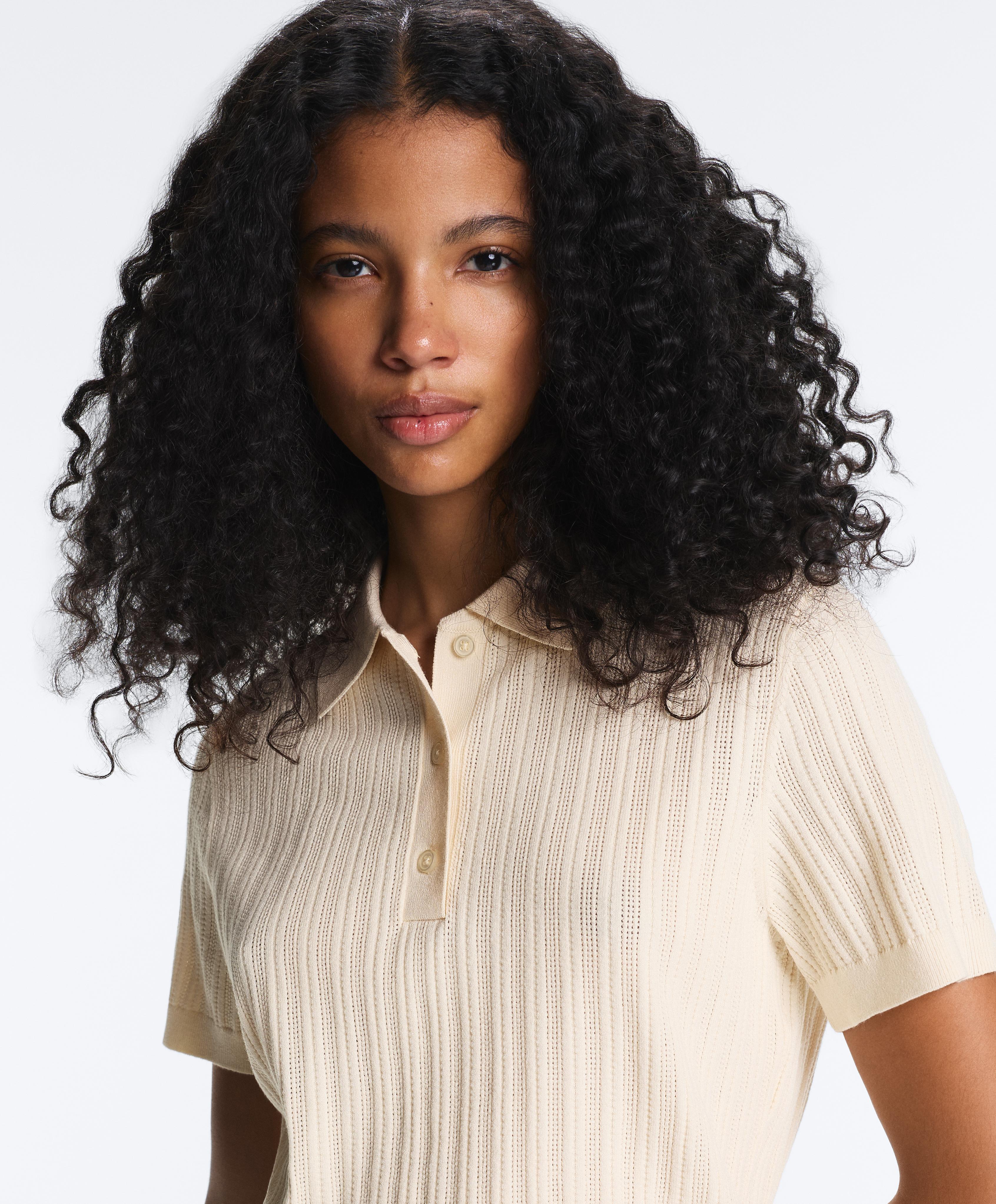 Short sleeve open knit polo shirt — ECRU