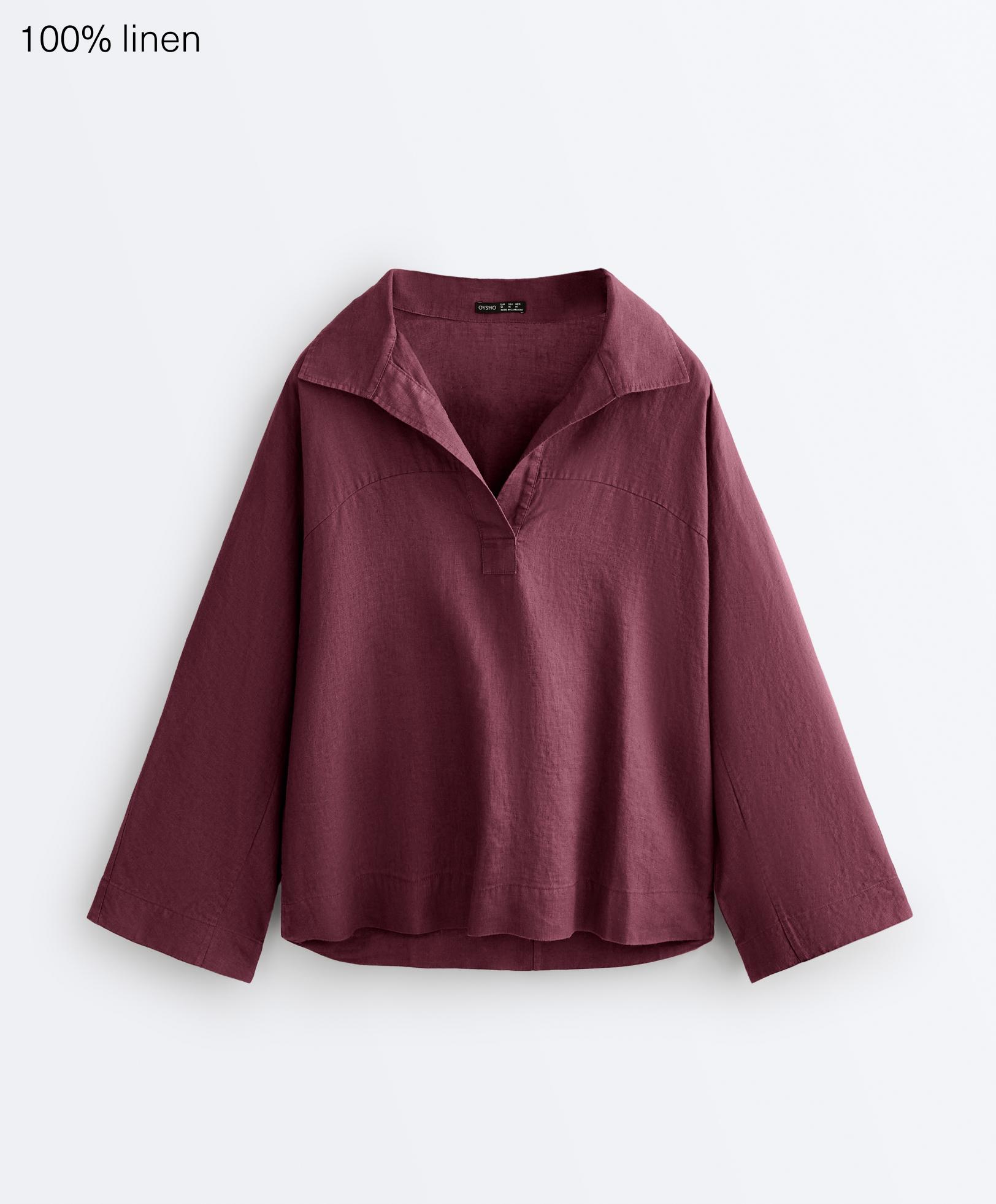 Oversize long-sleeve 100% linen polo shirt — CHERRY
