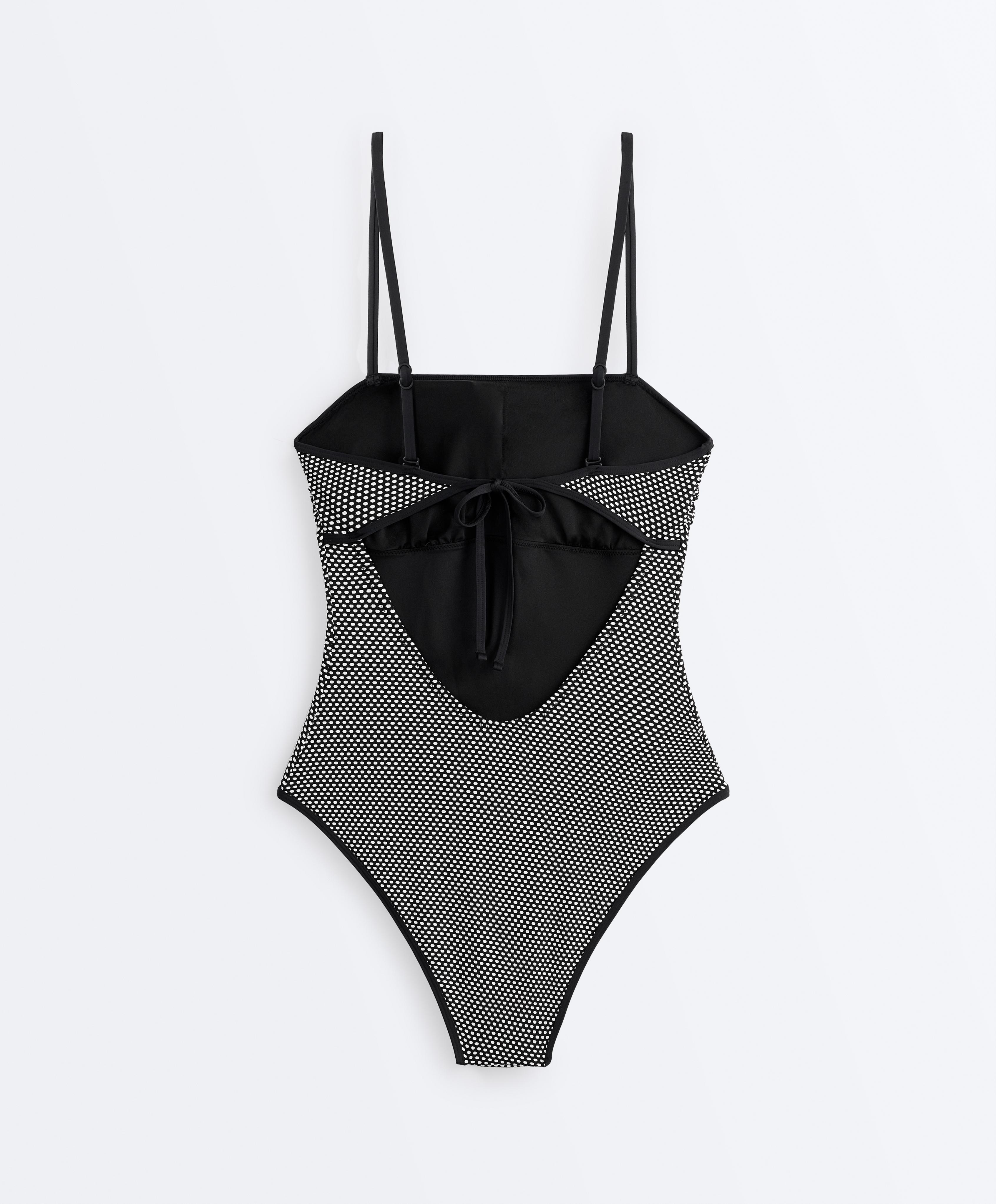 Polka dot jacquard bandeau swimsuit — BLACK