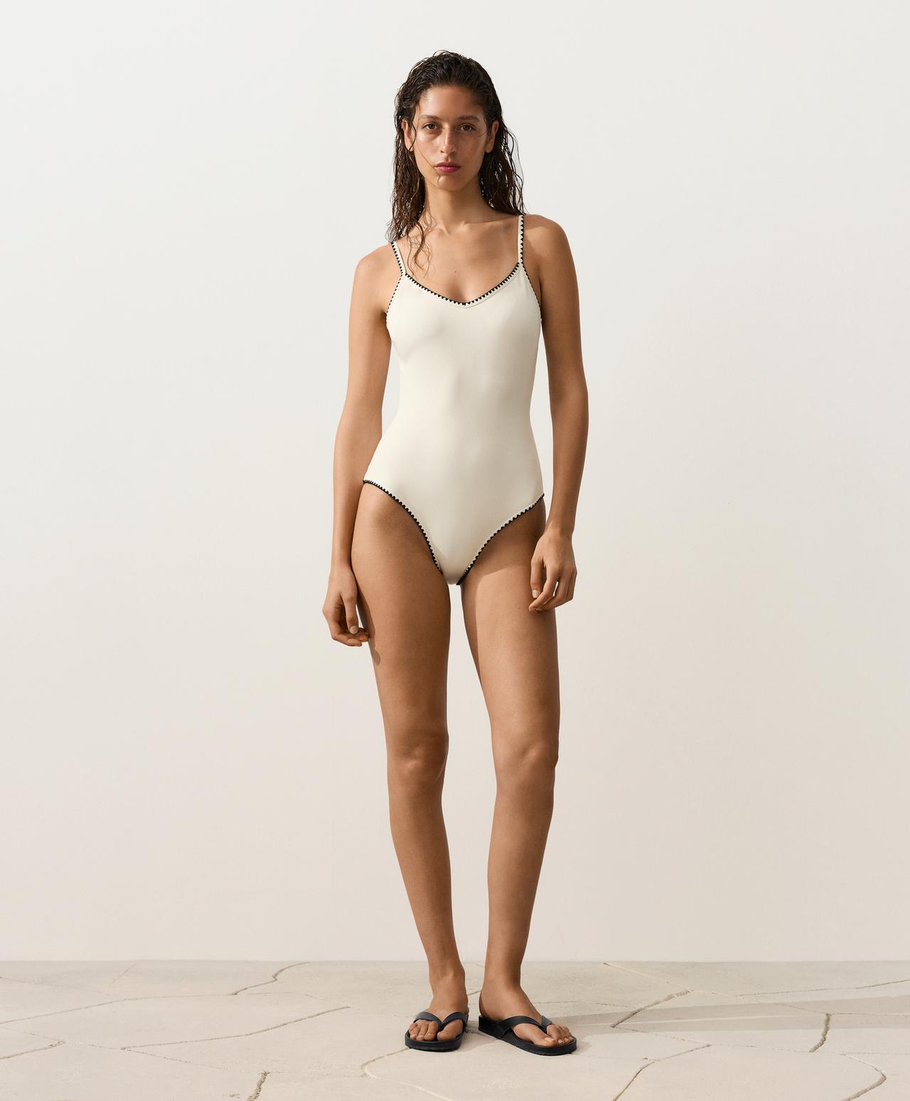 Contrast stitch swimsuit — PALE ECRU